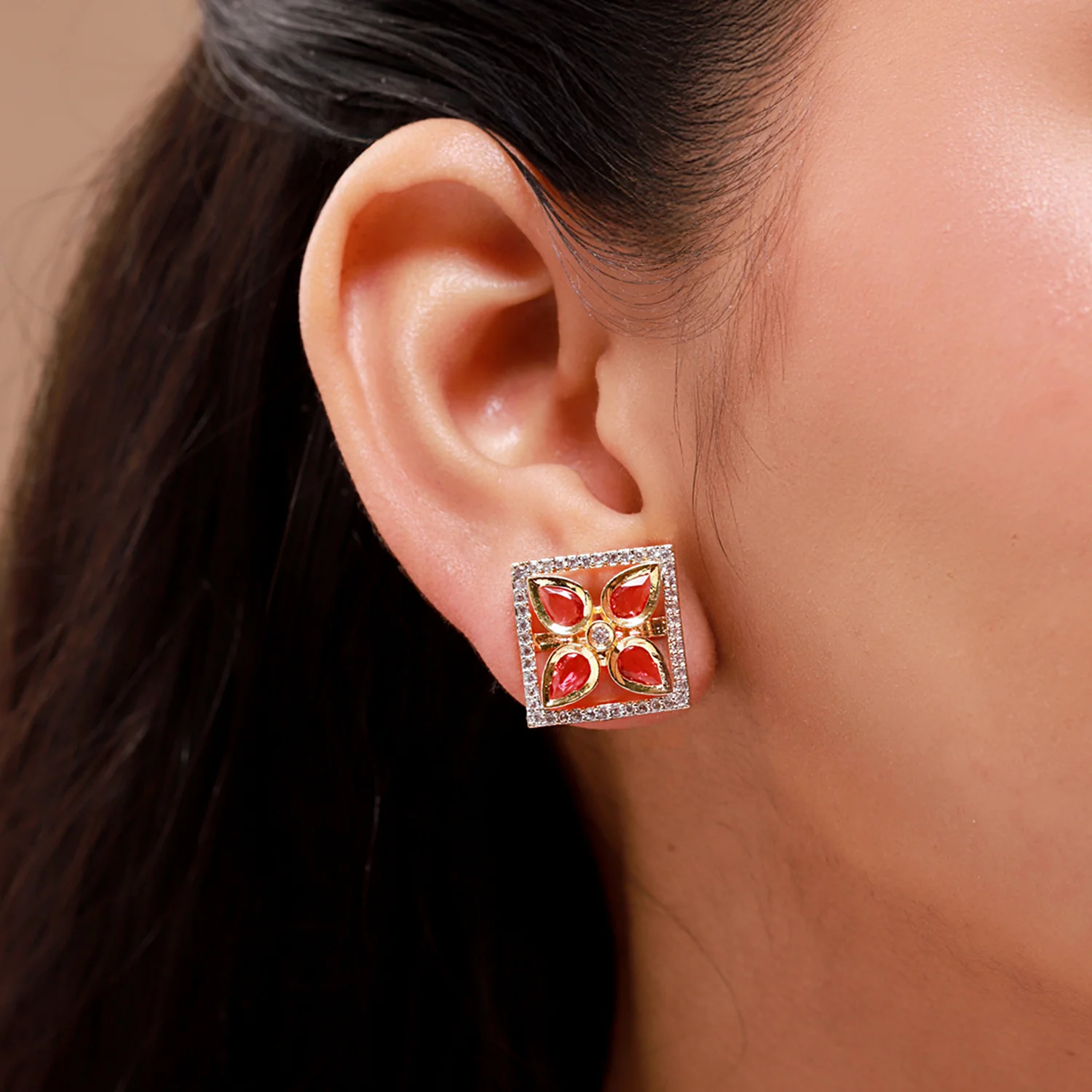 Gold Elegance Rose Bloom Square Stud Earrings - Image 2