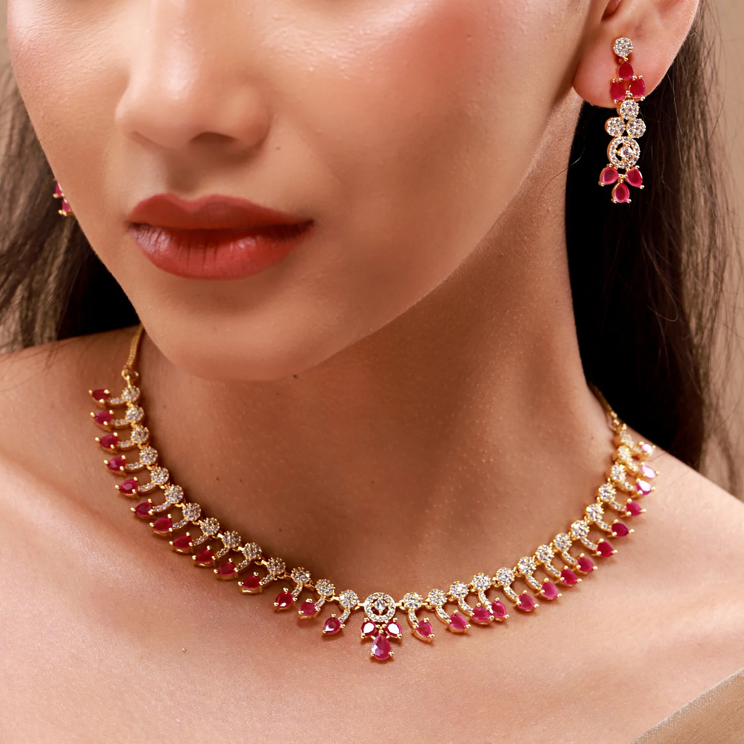 Gold Elegance Rose Cascade Cz Necklace Set - Image 2