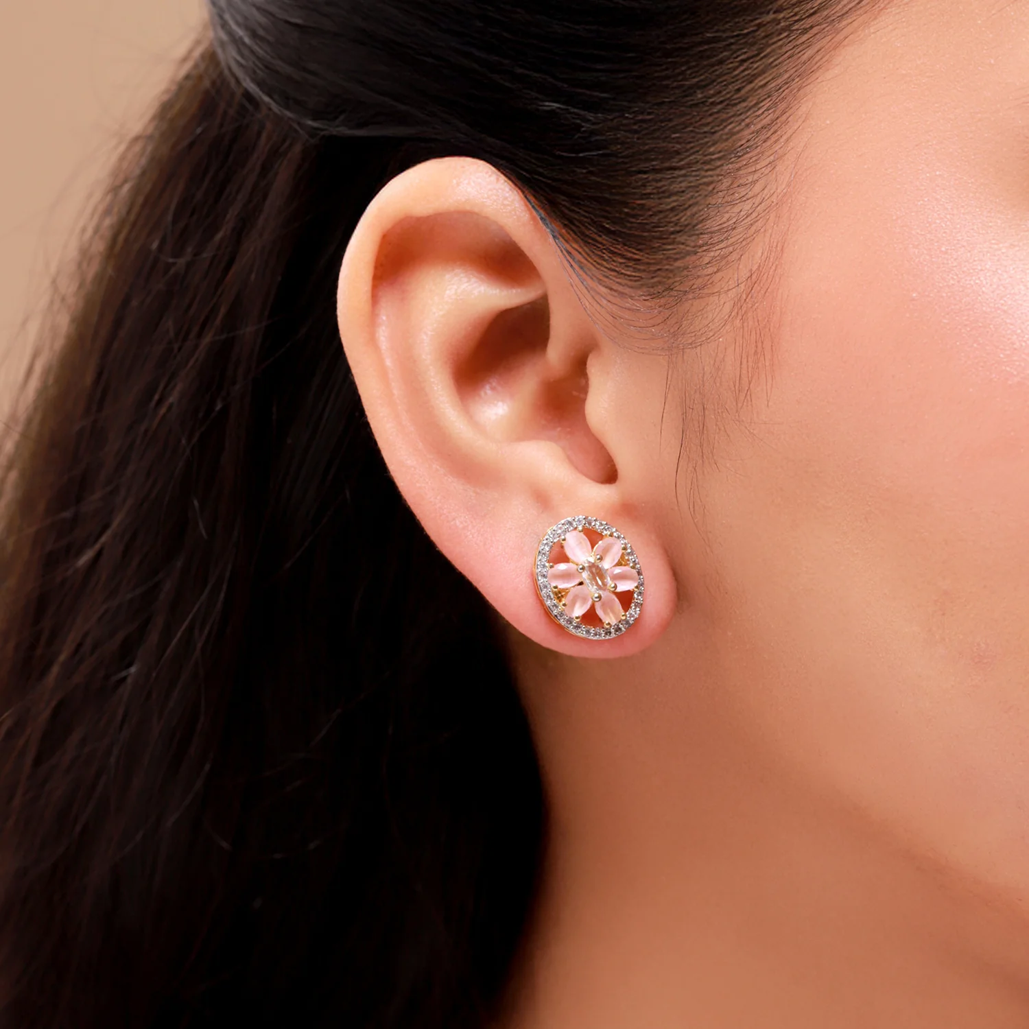 Gold Elegance Rose Petal Halo Stud Earrings - Image 2