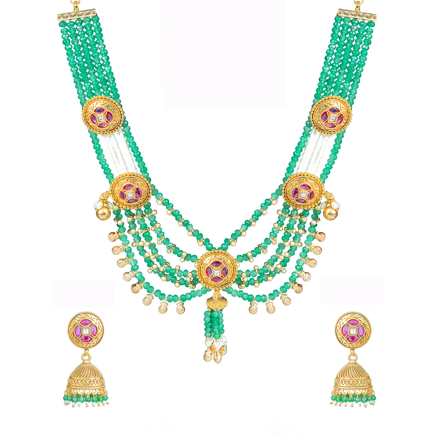 Gold Elegance Royal Emerald Kundan Pearl Necklace Set - Image 5