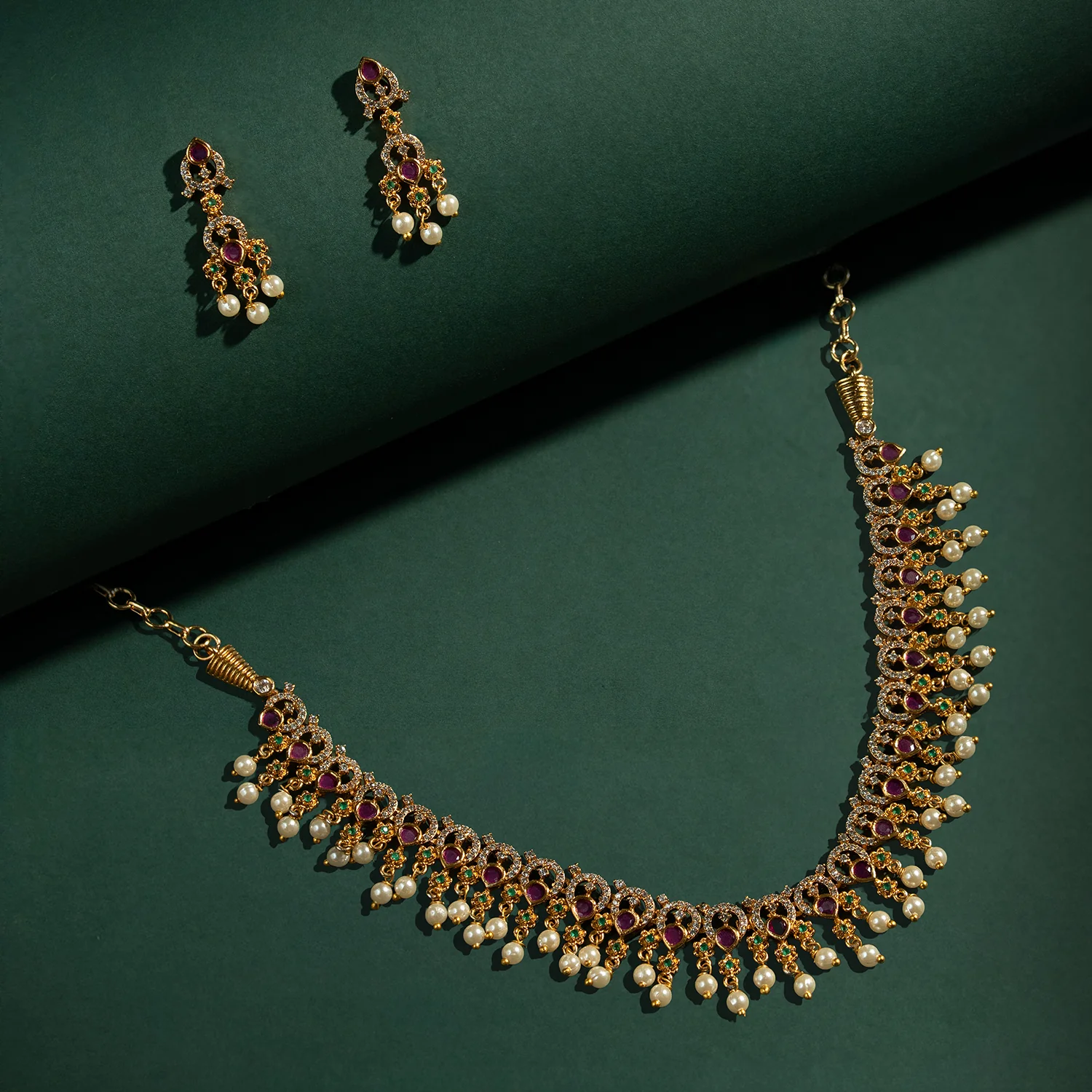 Gold Elegance Royal Ruby Pearl Necklace Set