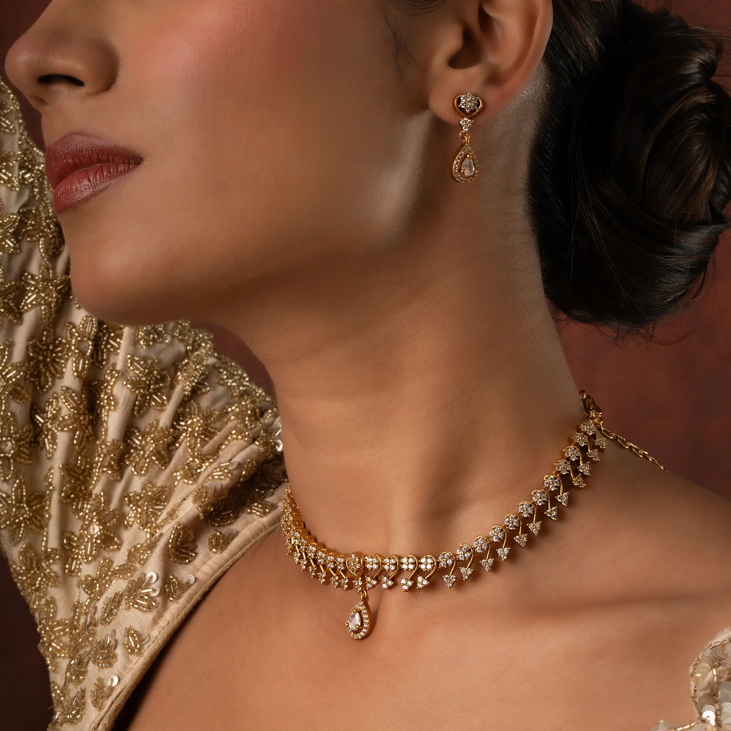 Gold Elegance Shringar Teardrop Necklace Set - Image 3