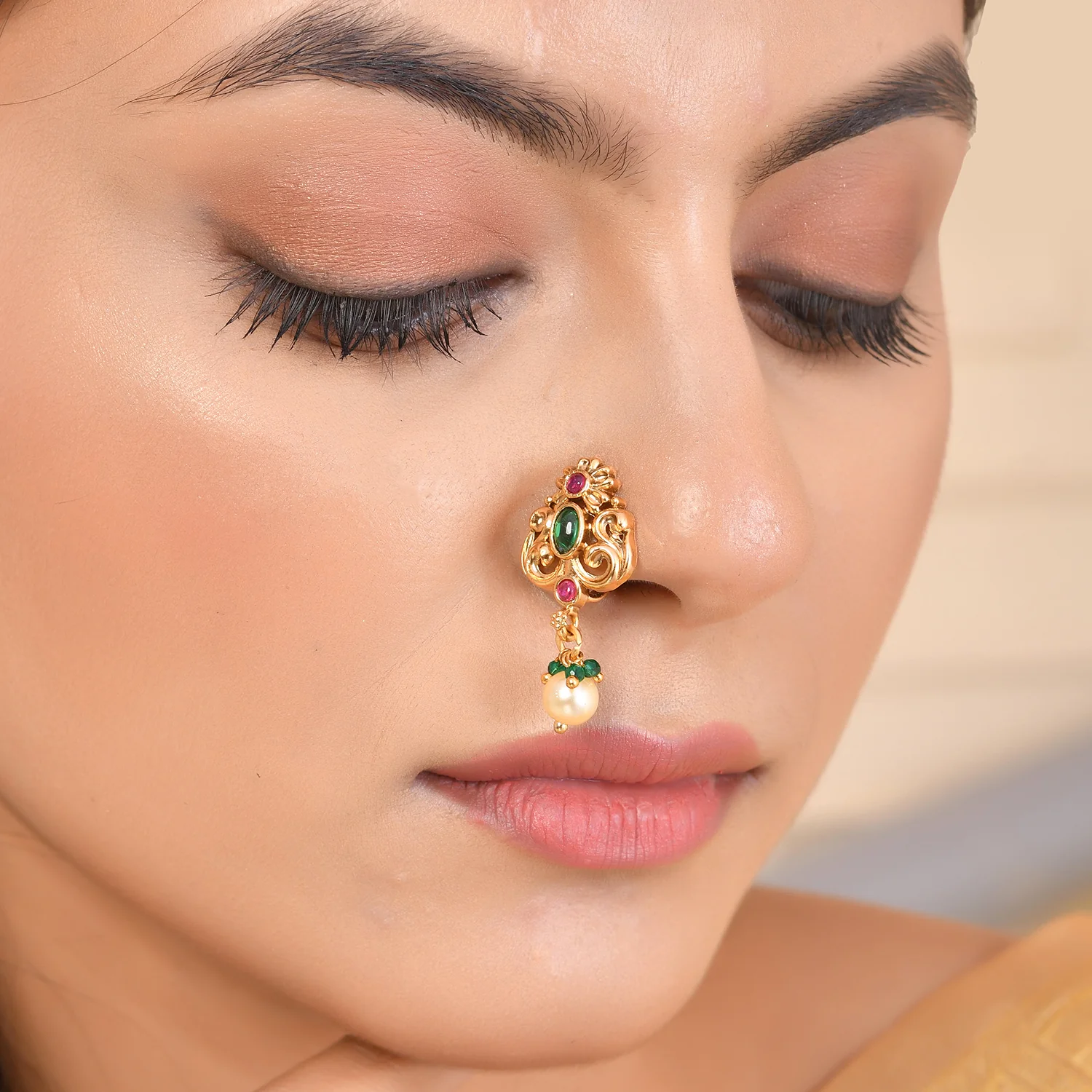 Gold Essentials Pearl Adorned Nose Pin - Image 2