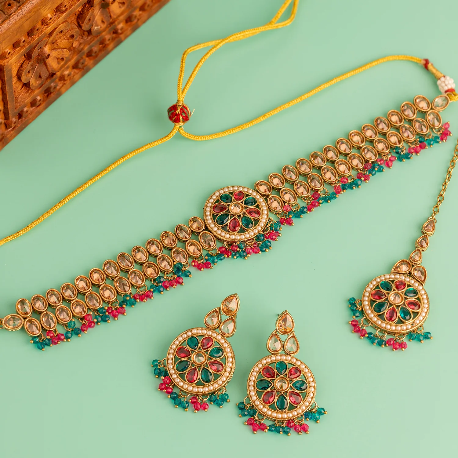 Gold Essentials Rang Mahal Multicolor Maang Tika Set For Women