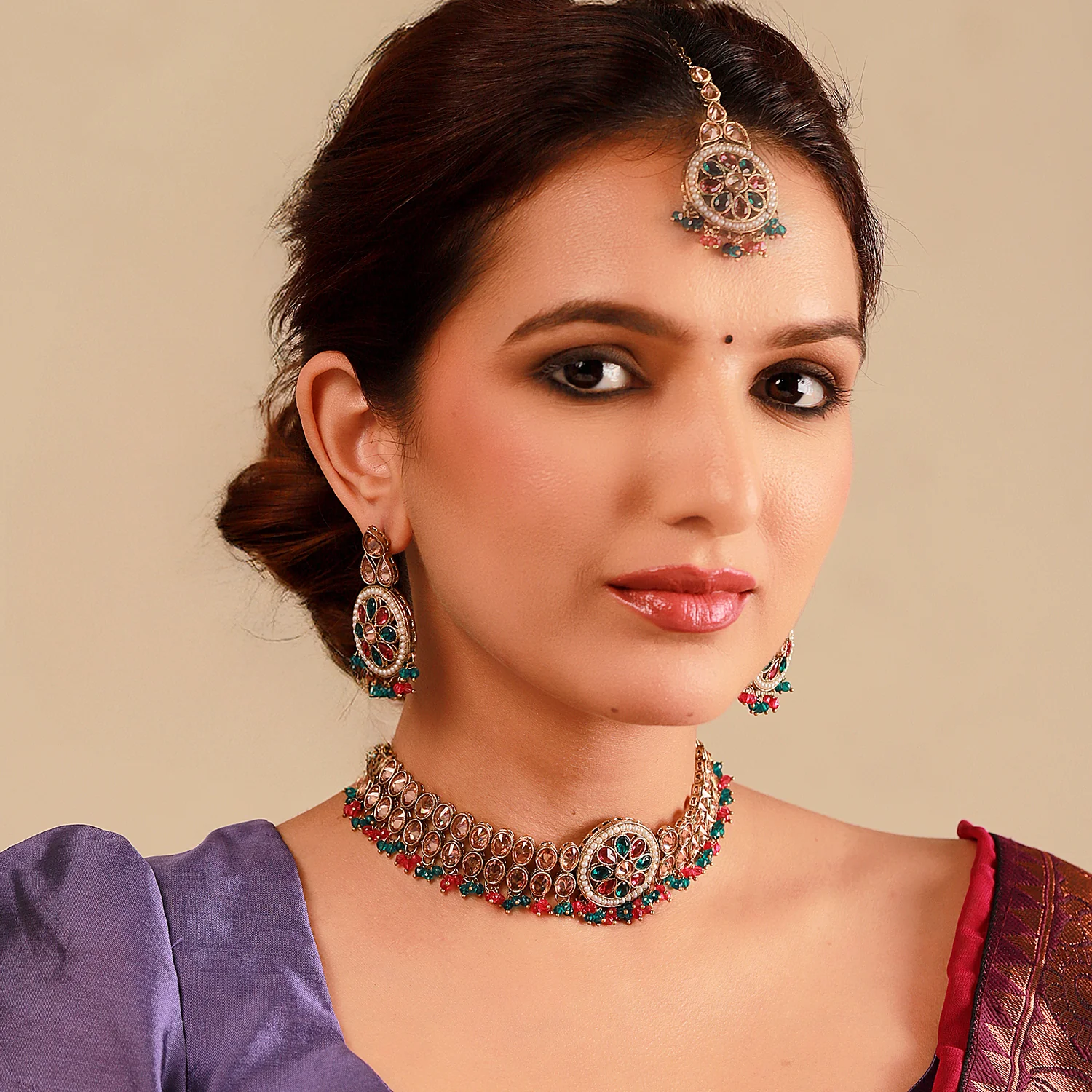 Gold Essentials Rang Mahal Multicolor Maang Tika Set For Women - Image 2