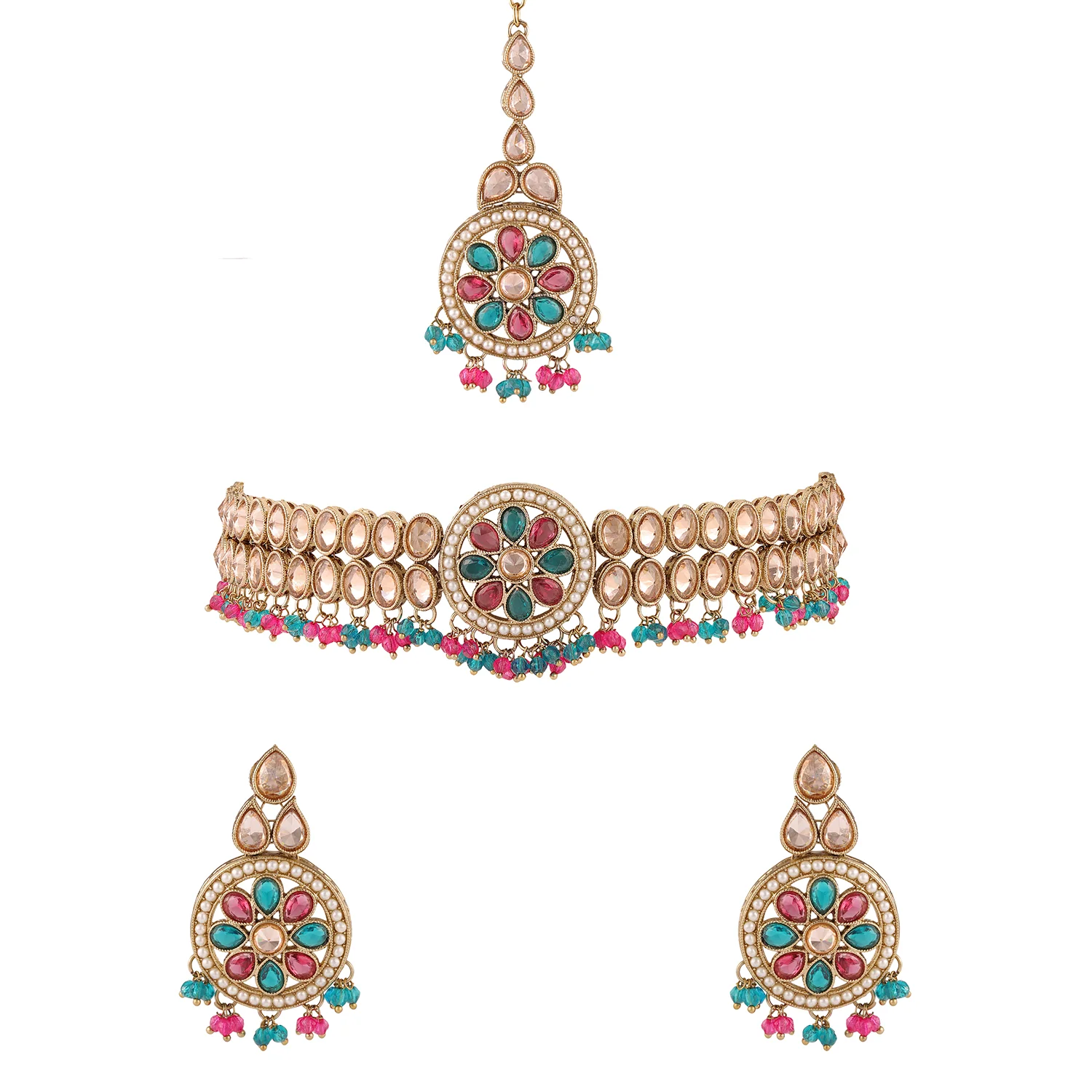 Gold Essentials Rang Mahal Multicolor Maang Tika Set For Women - Image 3