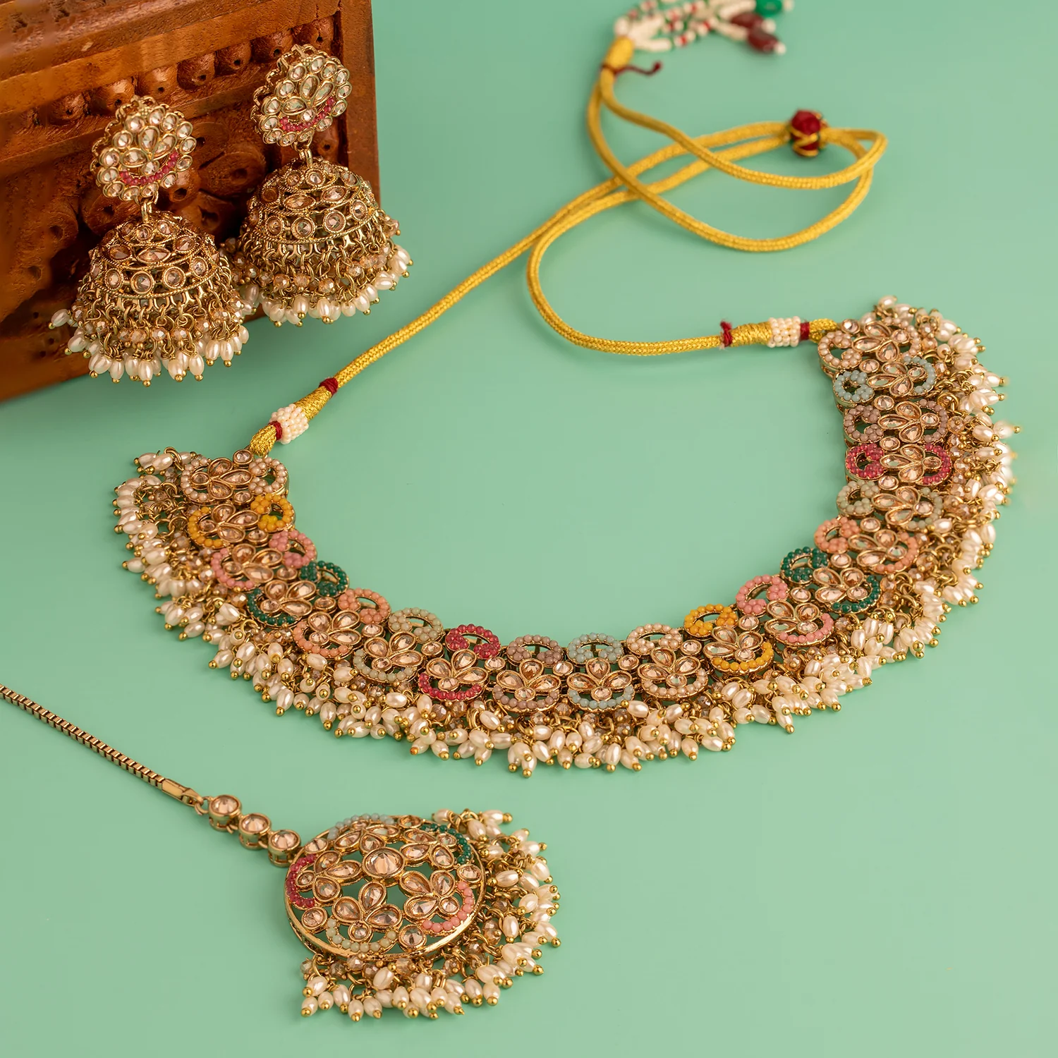 Gold Essentials Rangriti Multicolor Maang Tika Set For Women