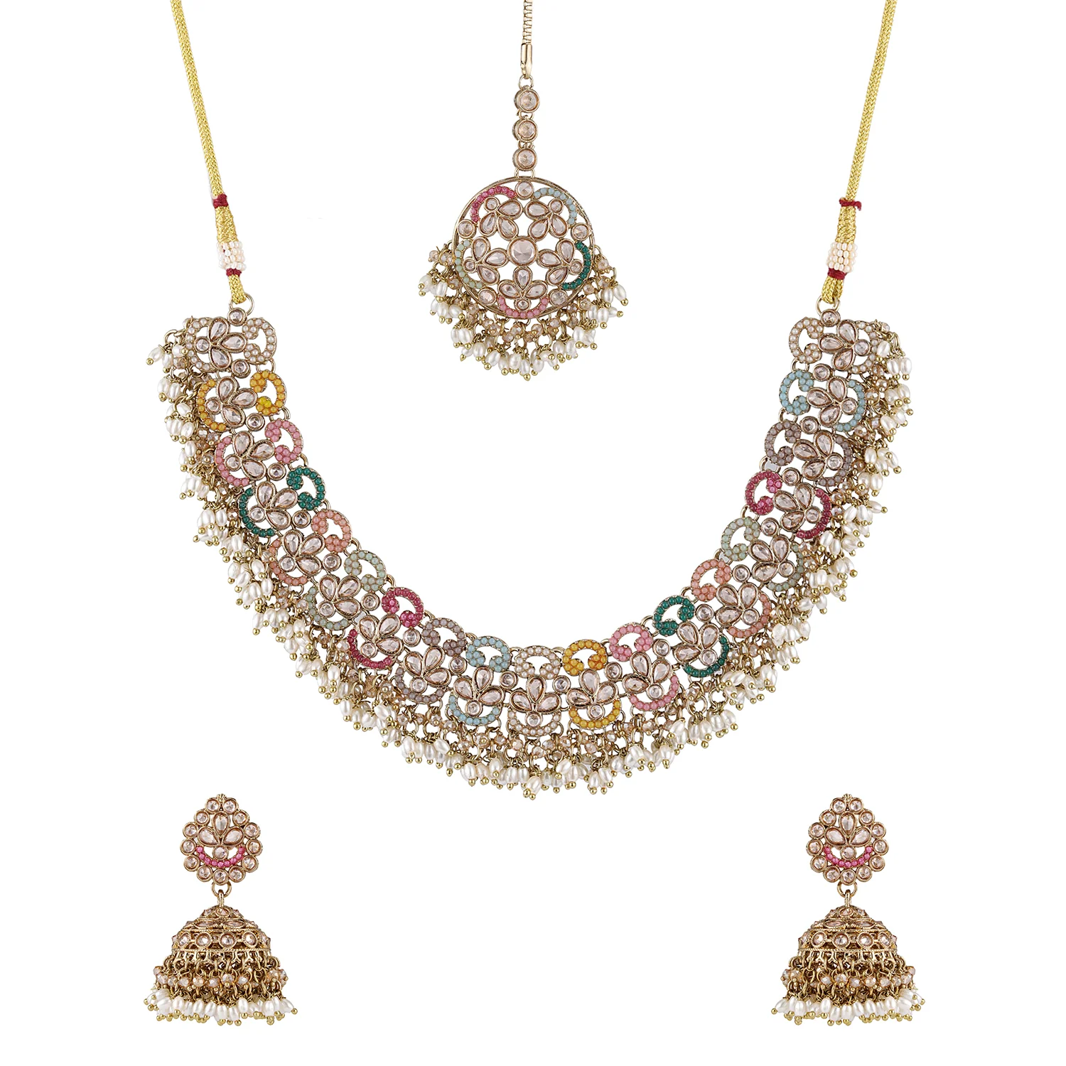 Gold Essentials Rangriti Multicolor Maang Tika Set For Women - Image 3
