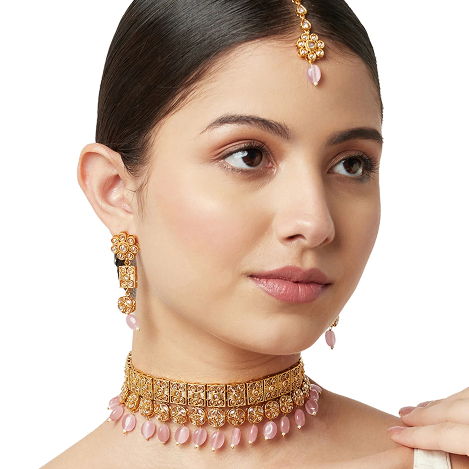Gold Opulence Choker Style Necklace with Dangling Earrings and Tika - Image 2