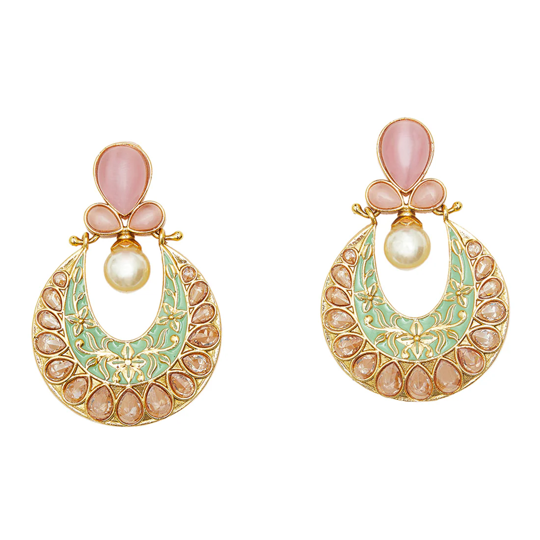 Gold Finish Earrings with Pearl Dangle - Image 3