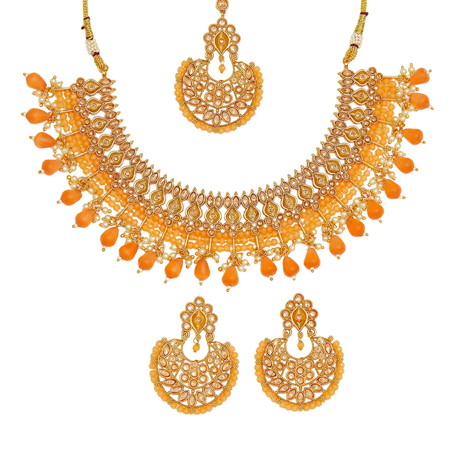 Gold finish mang tika set with peach colour pearls and gold finish - Image 4