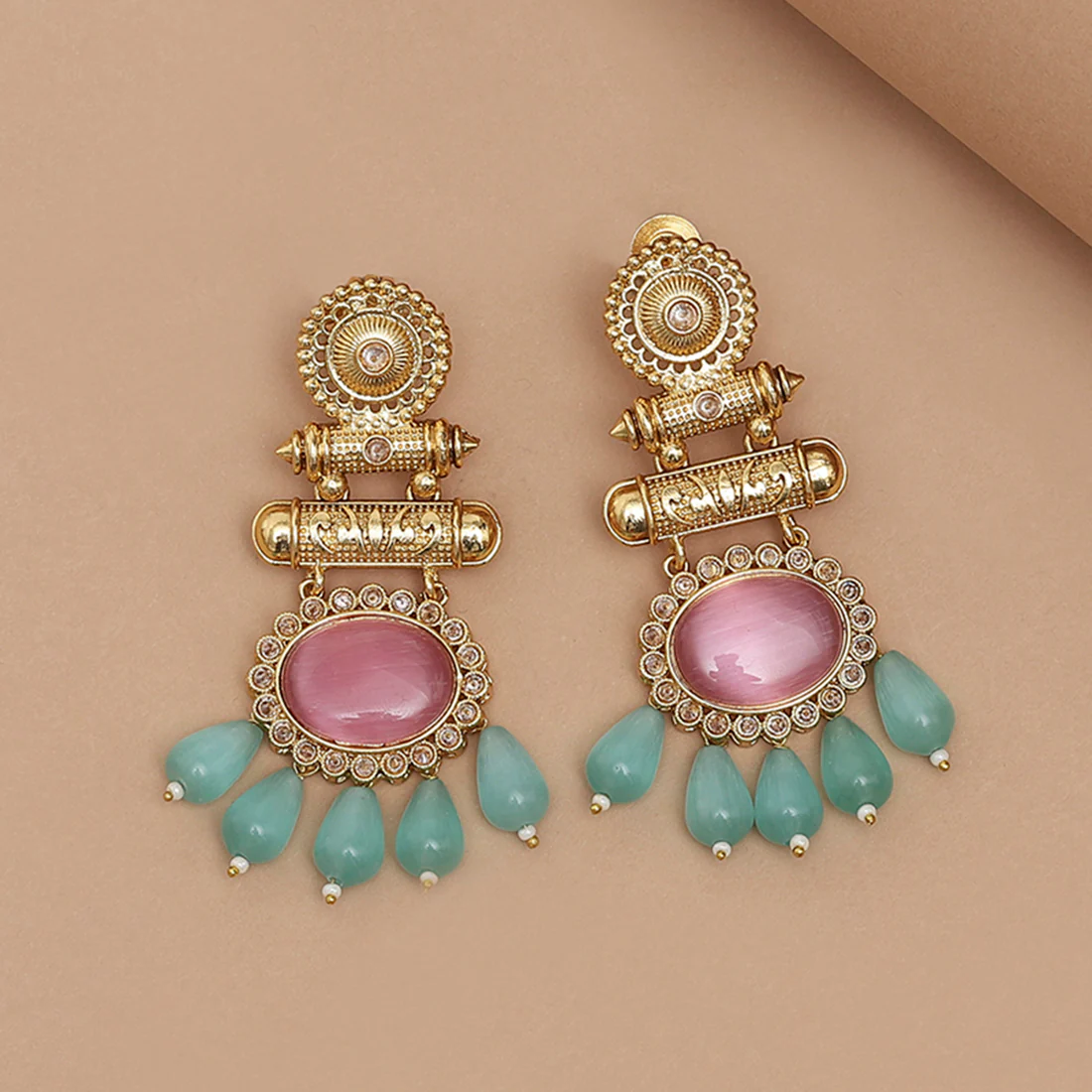 Gold Oppulence Gold Plated Pink Stone Earrings