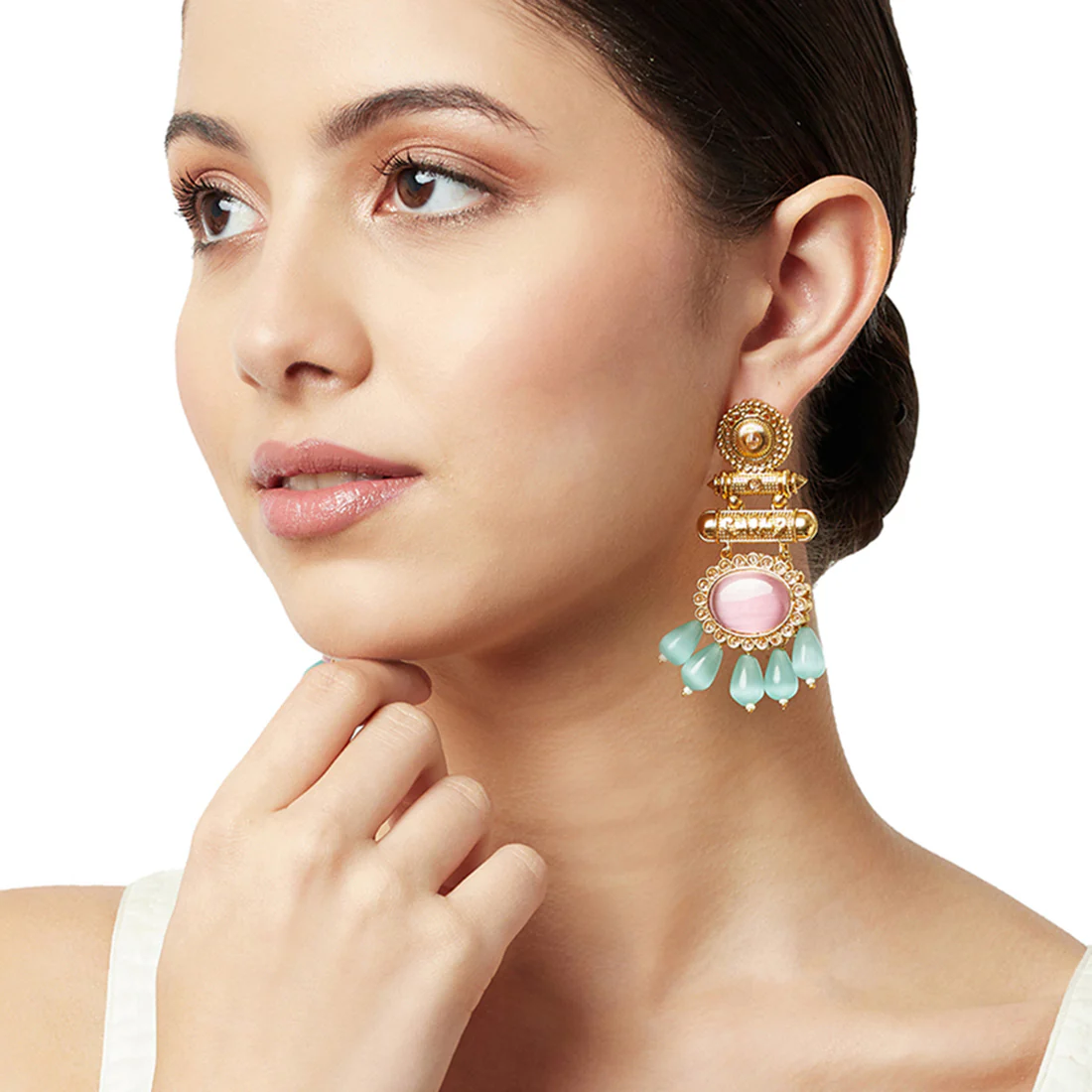 Gold Oppulence Gold Plated Pink Stone Earrings - Image 2