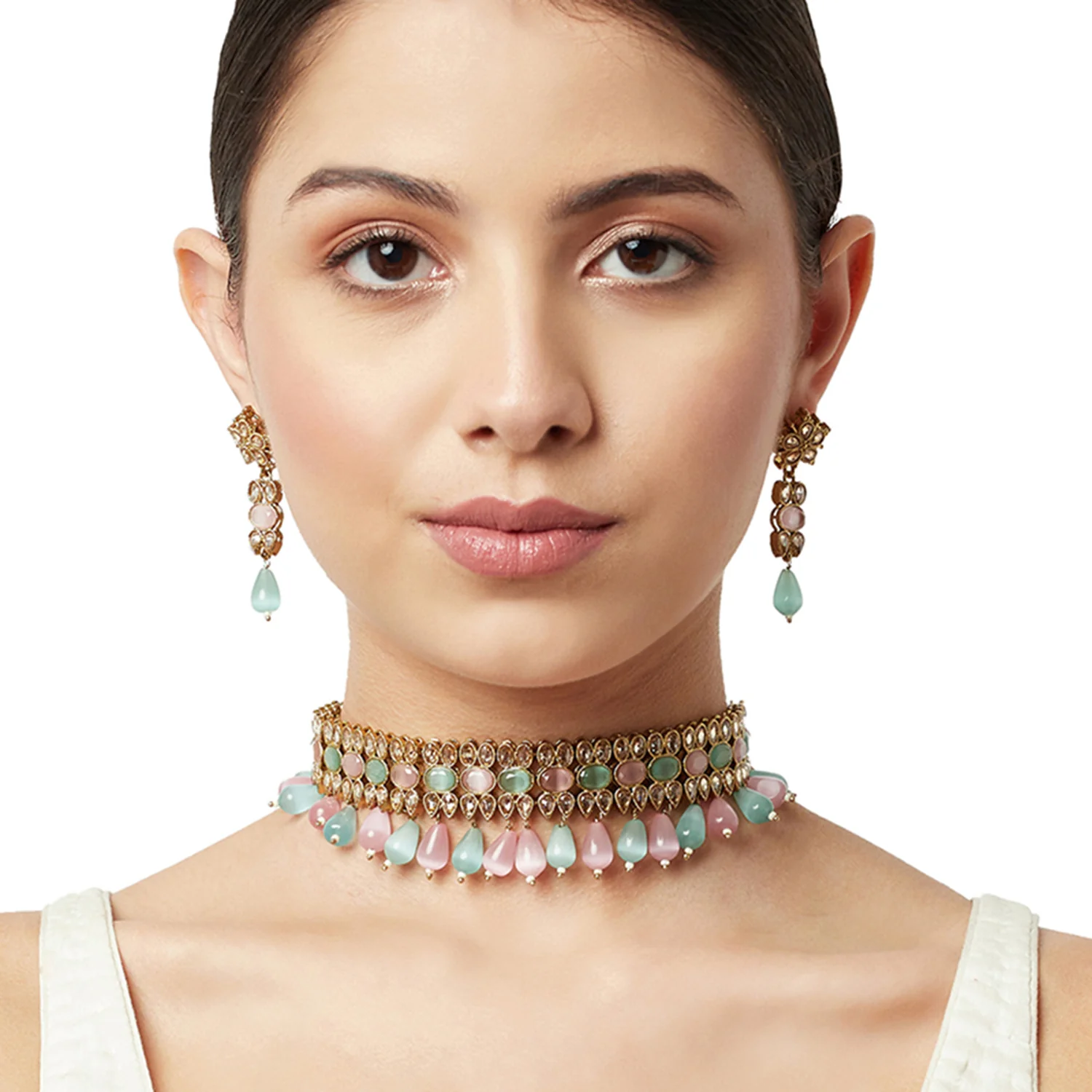 Gold Oppulence Gold Finish Pastel Coloured Choker Jewellery Set - Image 2