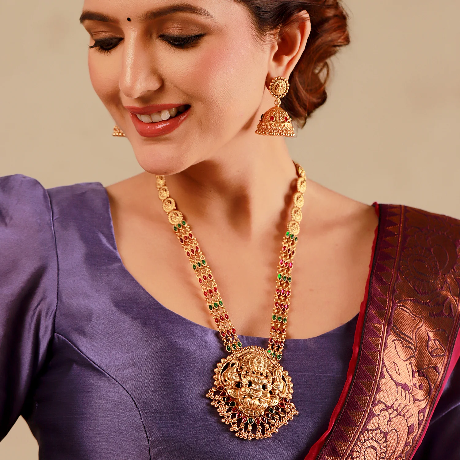 Gold Opulence Ambal Alankaram Temple Necklace Set For Women - Image 2