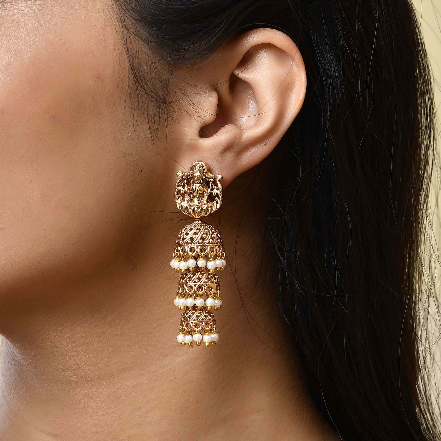 Gold Opulence Amrutha Temple Jhumka Earrings - Image 2