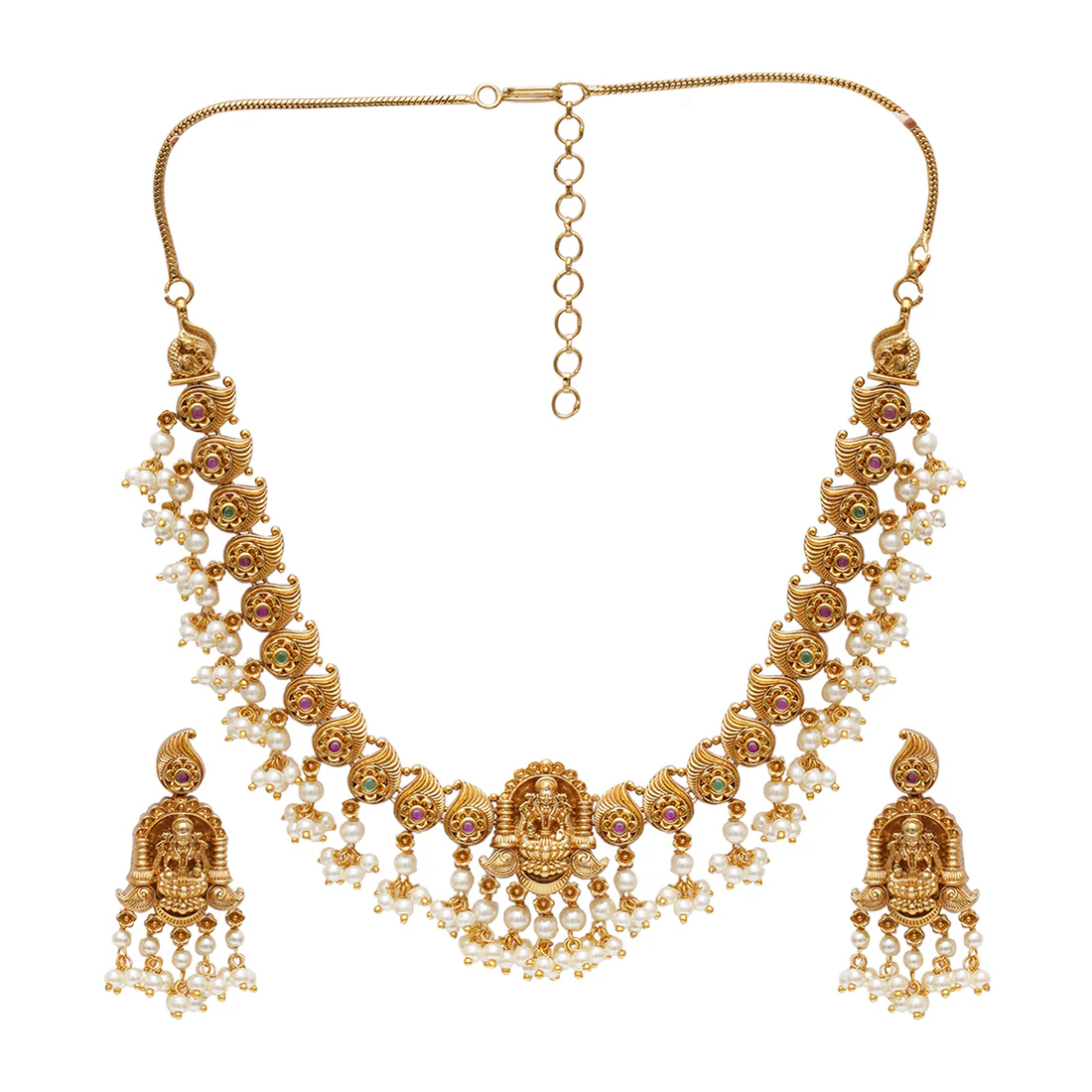 Gold Opulence Divine Goddess Motifs Faux Pearls Adorned Gold Toned Jewellery Set - Image 3