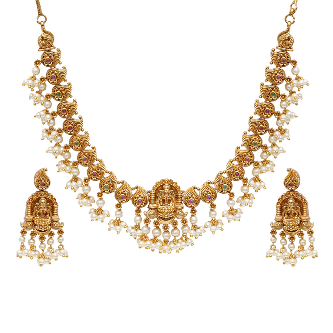 Gold Opulence Divine Goddess Motifs Faux Pearls Adorned Gold Toned Jewellery Set - Image 4