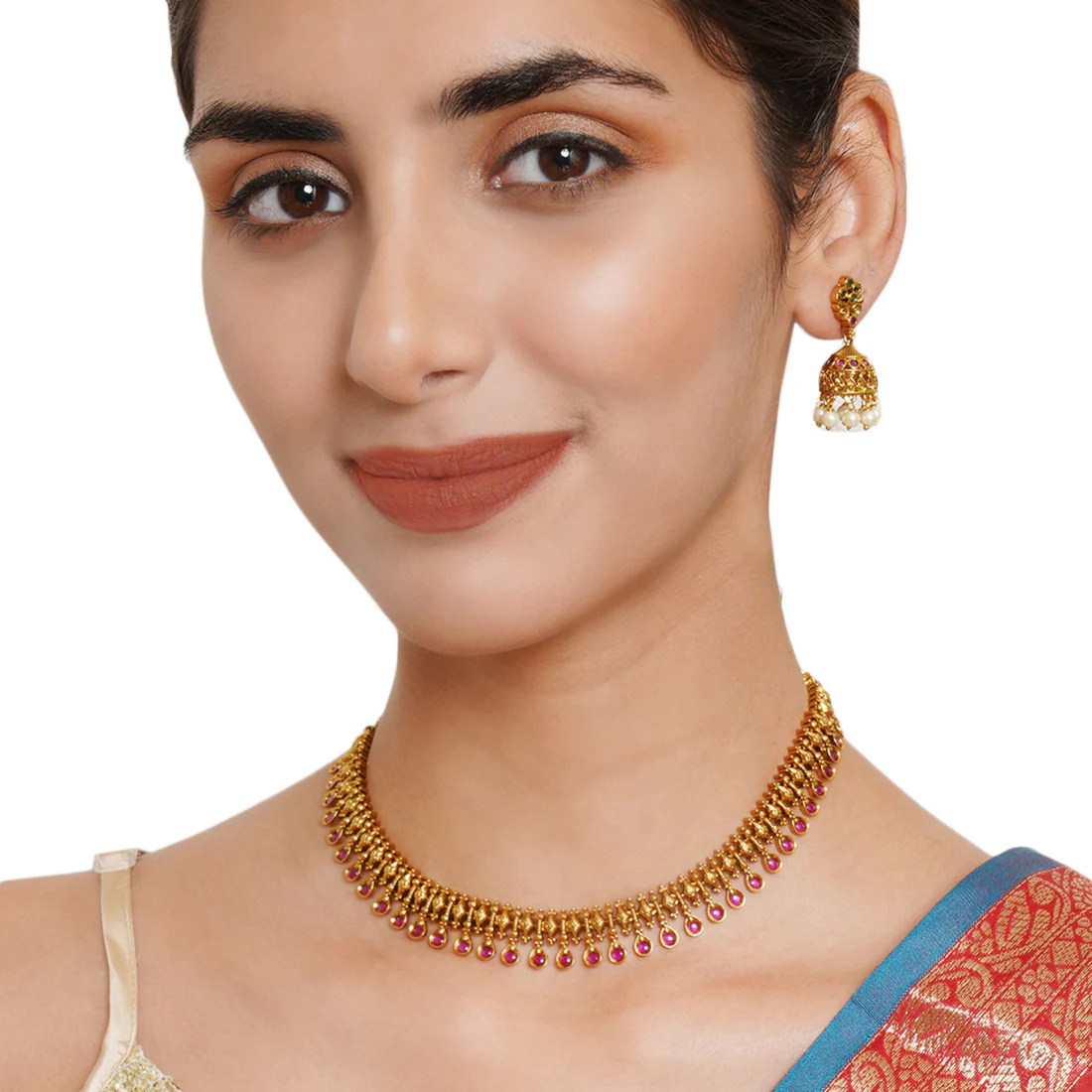 Gold Opulence Ethnic Faux Pearls and Zircons Gold Plated Jewellery Set - Image 2