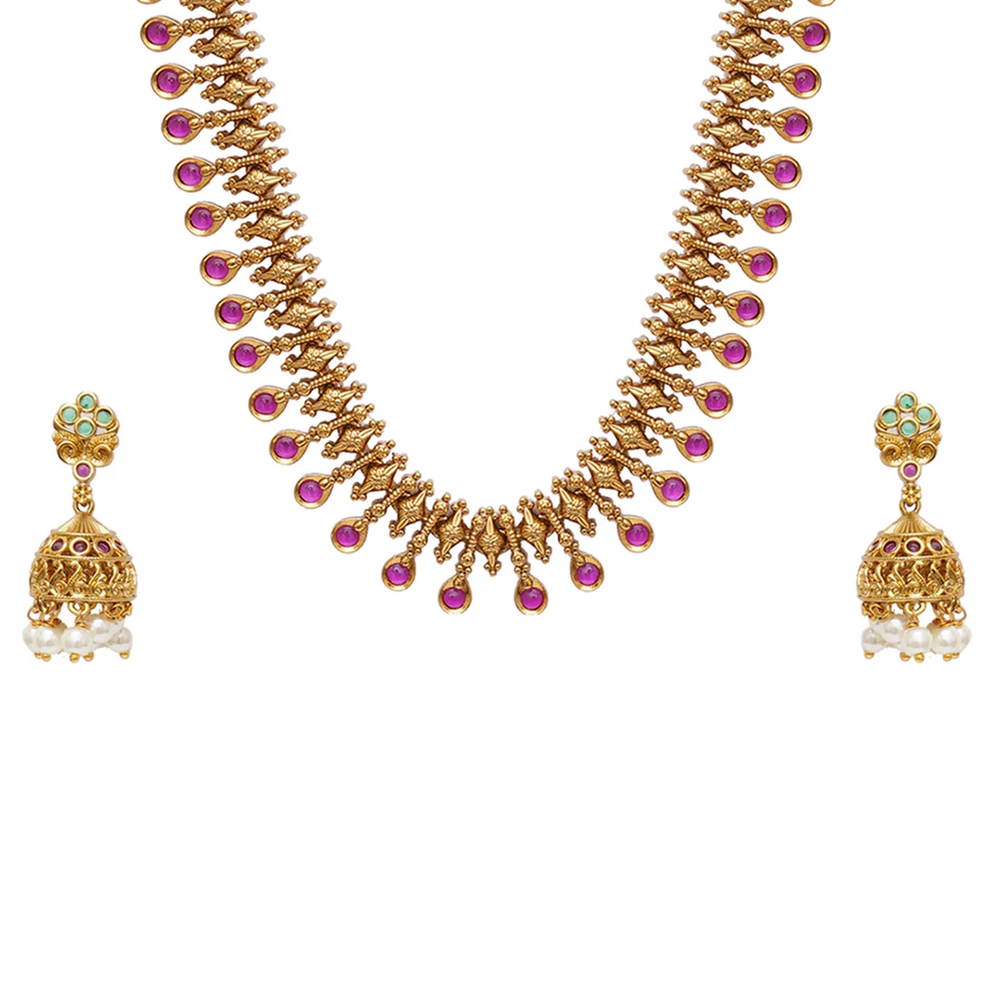 Gold Opulence Ethnic Faux Pearls and Zircons Gold Plated Jewellery Set - Image 4