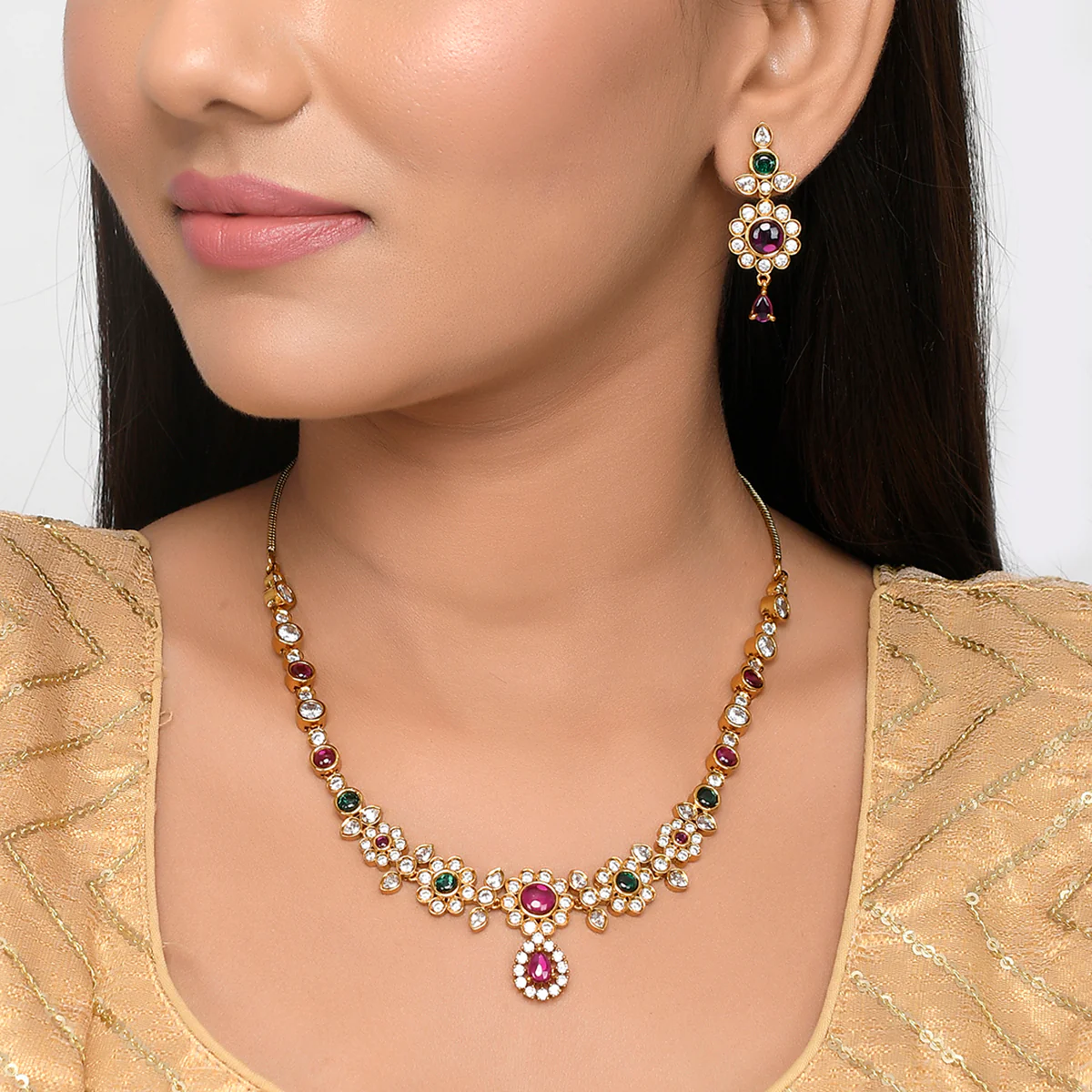 Gold Opulence Floral Motif Green and Red Stones Jewellery Set - Image 2