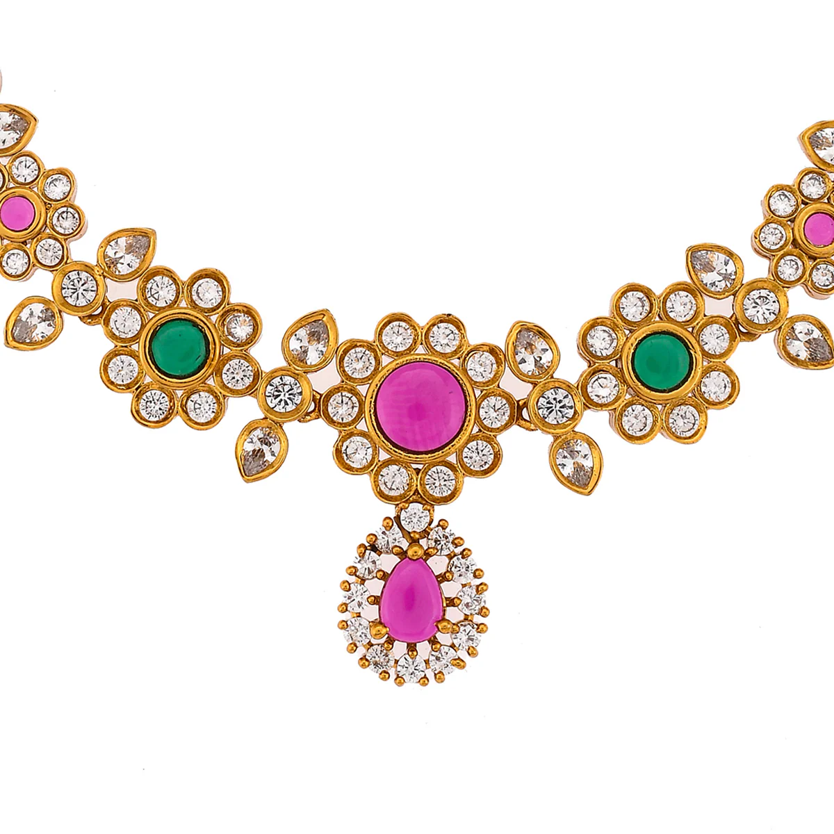 Gold Opulence Floral Motif Green and Red Stones Jewellery Set - Image 4