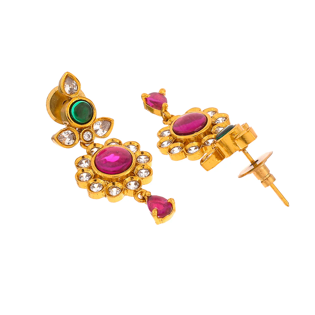 Gold Opulence Floral Motif Green and Red Stones Jewellery Set - Image 5