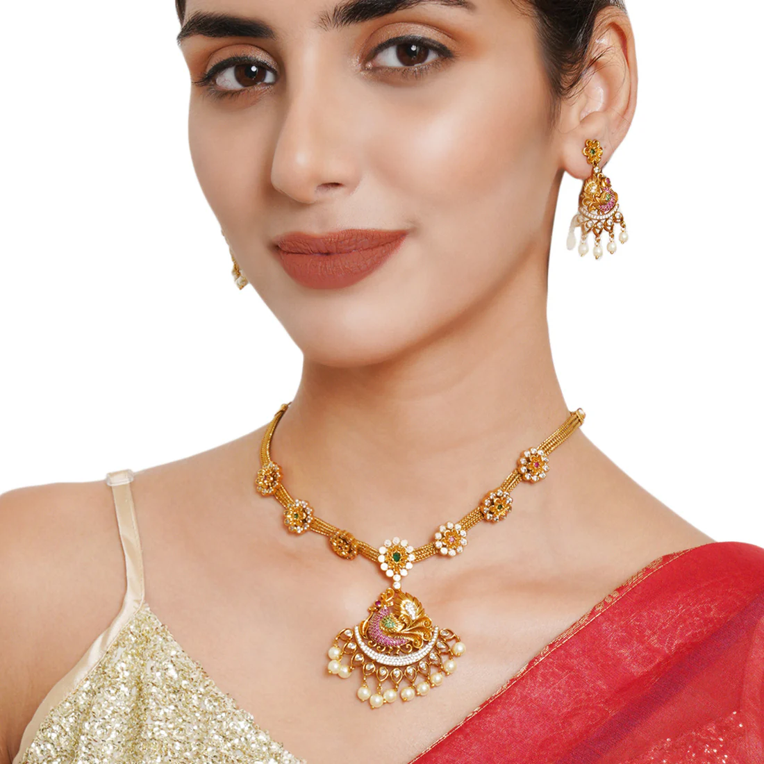 Gold Opulence Floral Zircons and Faux Pearls Adorned Gold Toned Jewellery Set - Image 2