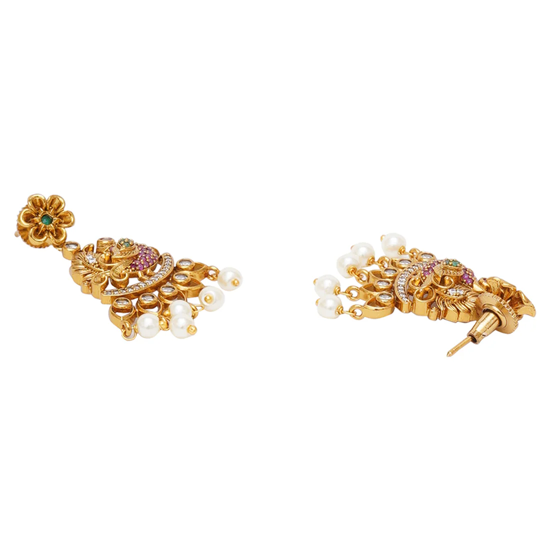 Gold Opulence Floral Zircons and Faux Pearls Adorned Gold Toned Jewellery Set - Image 6