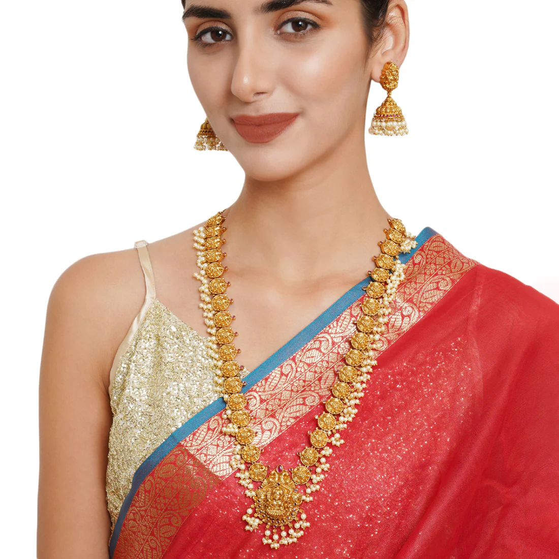 Gold Opulence Goddess Lakshmi Motif Faux Pearls and Zircons Adorned Gold Plated Jewellery Set - Image 2