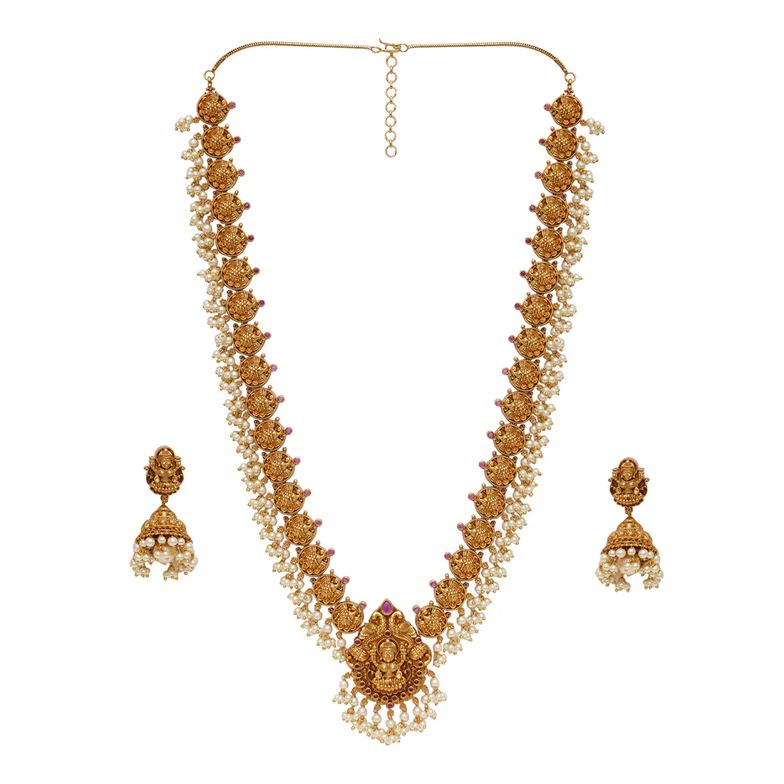 Gold Opulence Goddess Lakshmi Motif Faux Pearls and Zircons Adorned Gold Plated Jewellery Set - Image 3