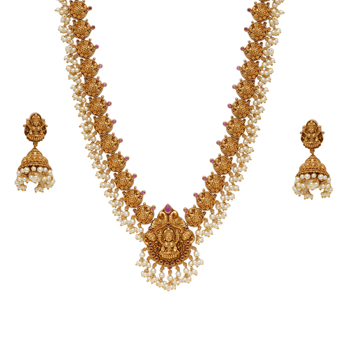 Gold Opulence Goddess Lakshmi Motif Faux Pearls and Zircons Adorned Gold Plated Jewellery Set - Image 4