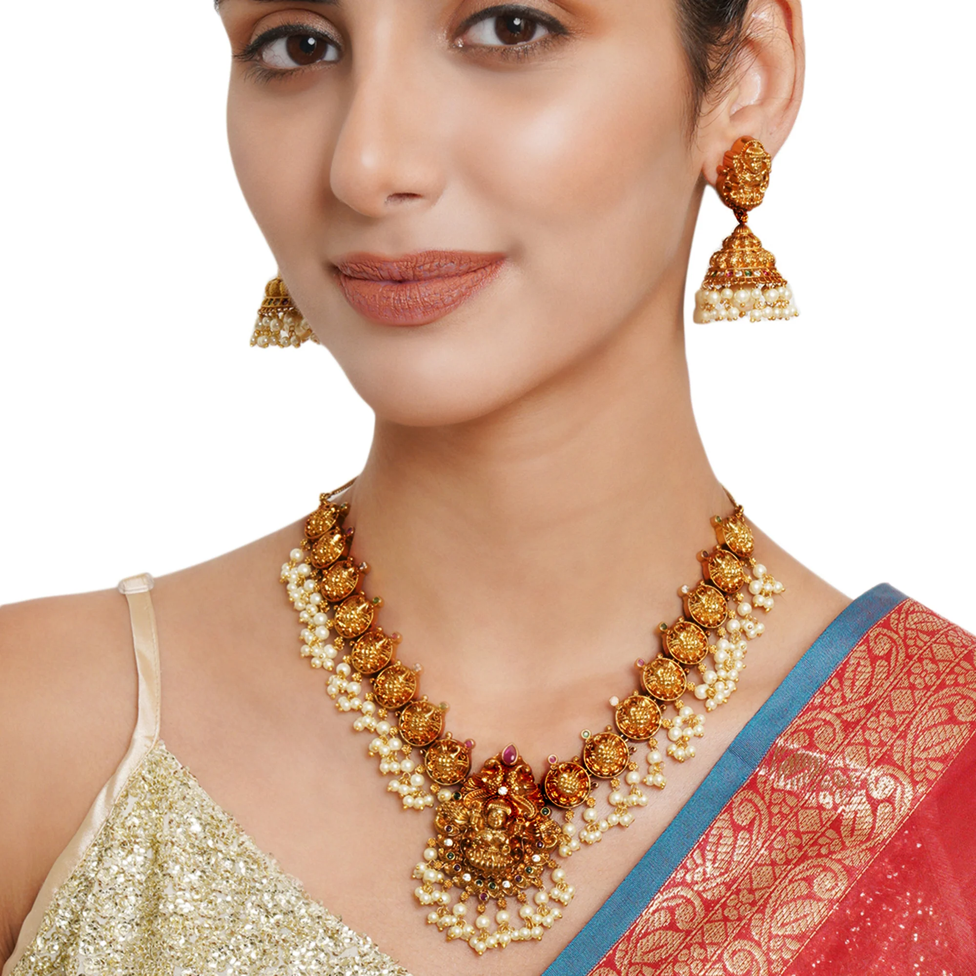 Gold Opulence Gold Plated Goddess Lakshmi Motifs Faux Pearls Lavish Jewellery Set - Image 2