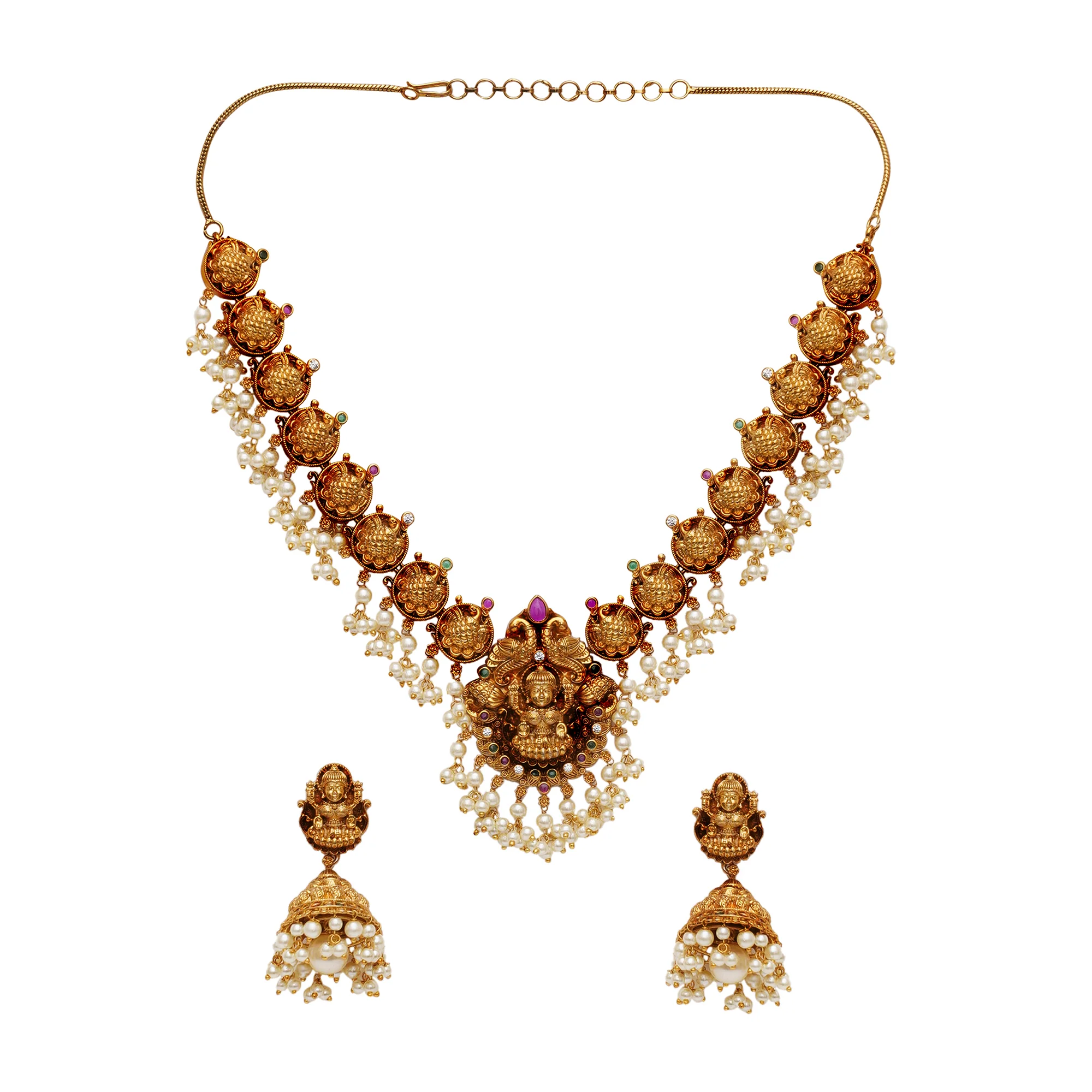 Gold Opulence Gold Plated Goddess Lakshmi Motifs Faux Pearls Lavish Jewellery Set - Image 3