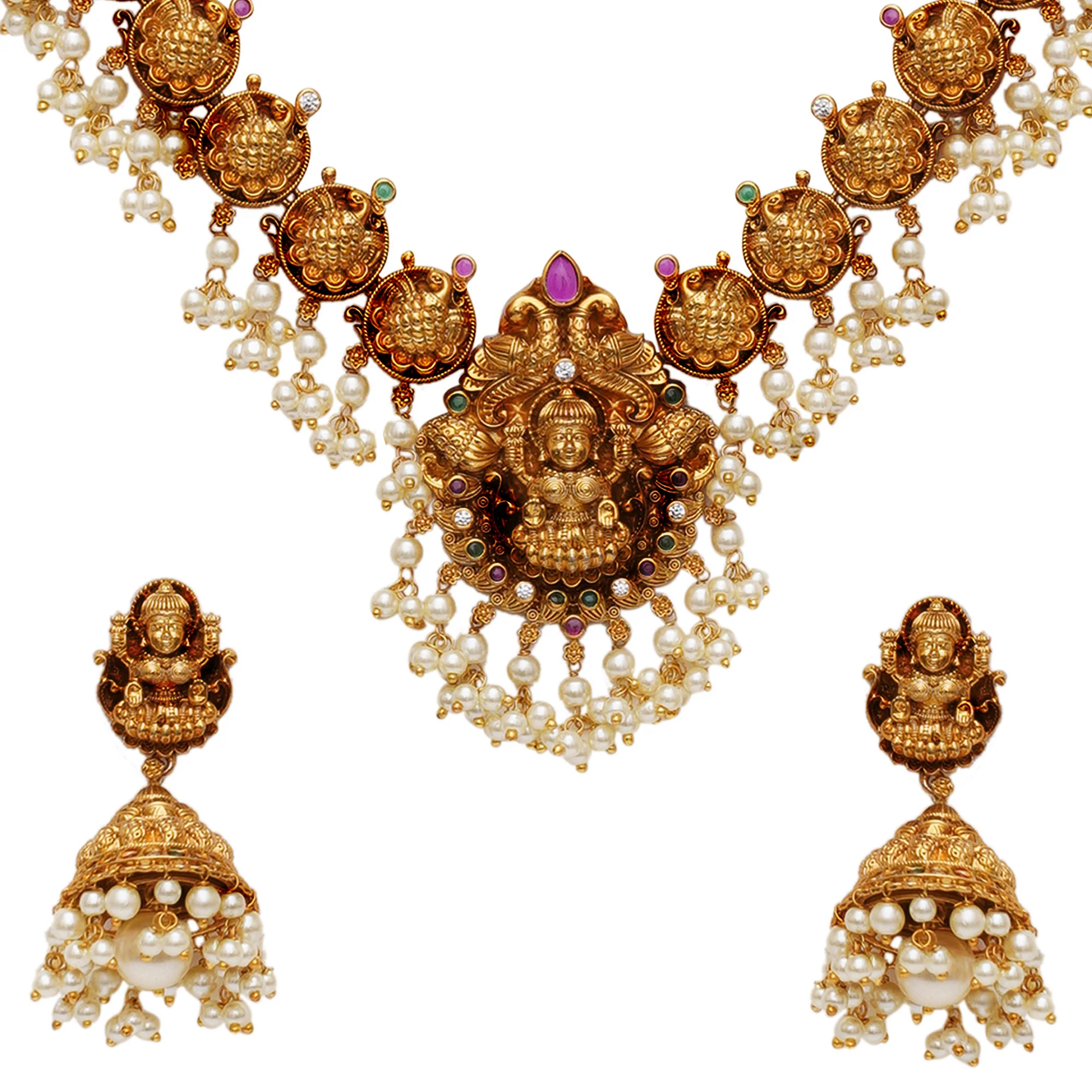 Gold Opulence Gold Plated Goddess Lakshmi Motifs Faux Pearls Lavish Jewellery Set - Image 4