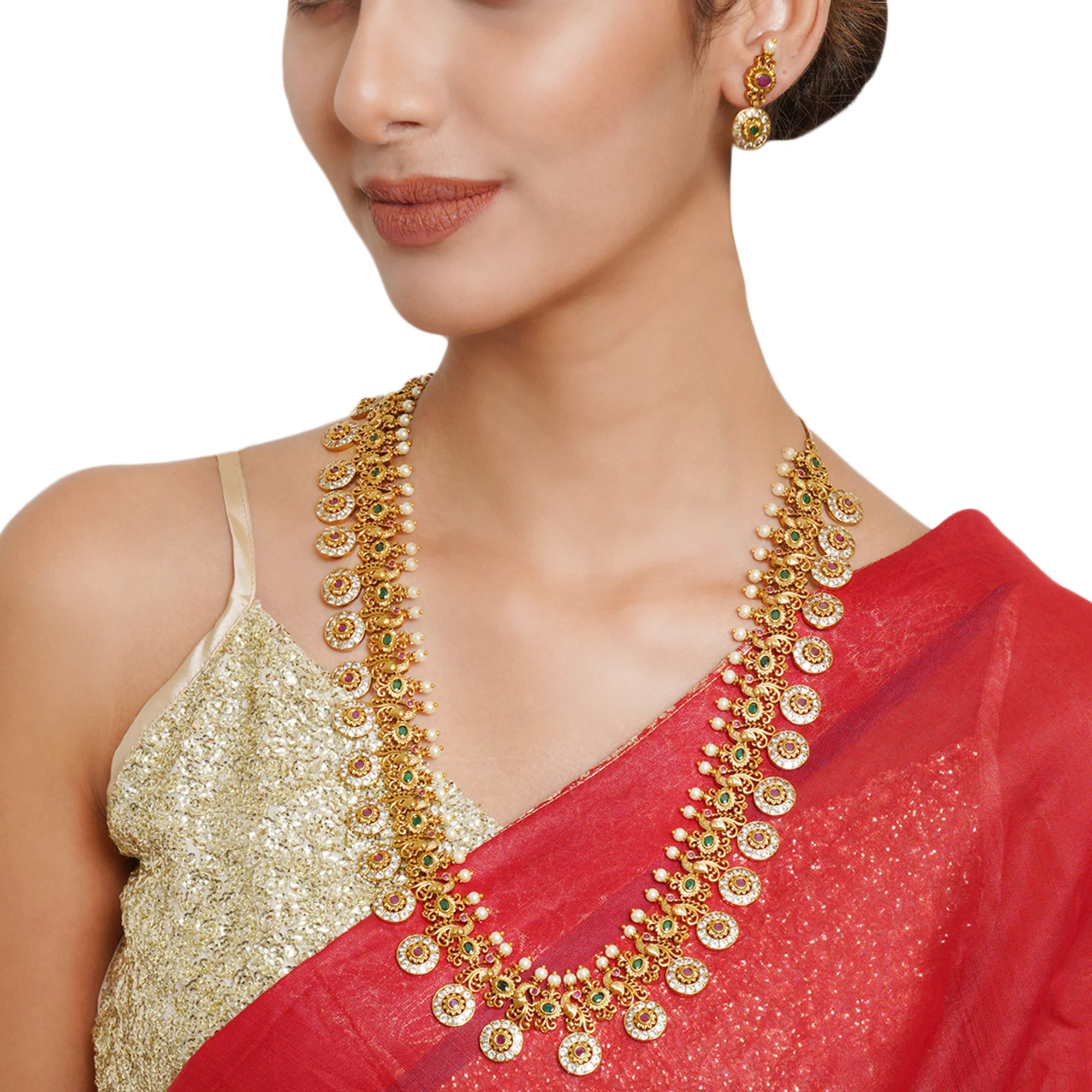 Gold Opulence Heavily Embellished Faux Pearls and Zircons Gold Plated Jewellery Set - Image 2