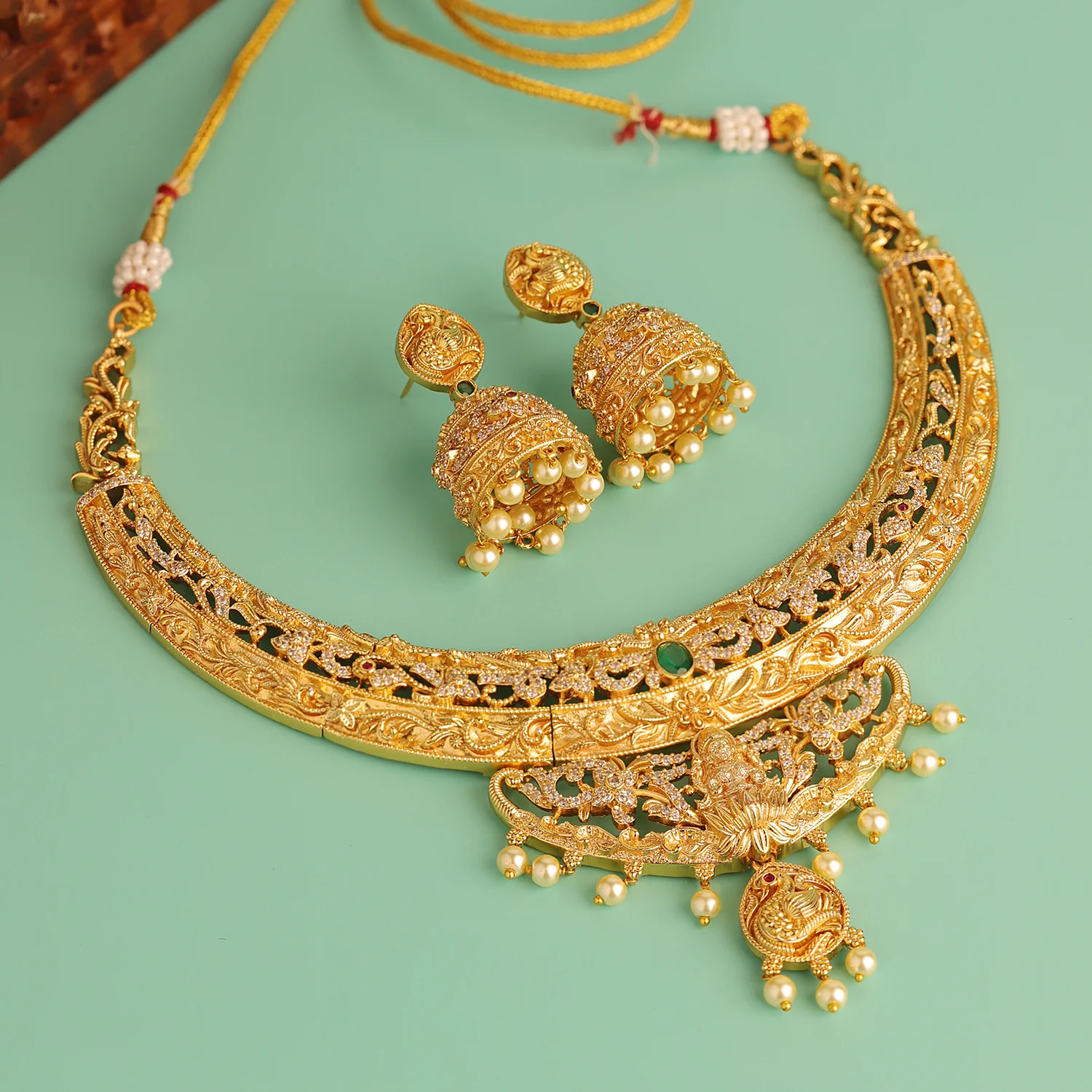 Gold Opulence Kanchana Kalai Temple Necklace Set For Women
