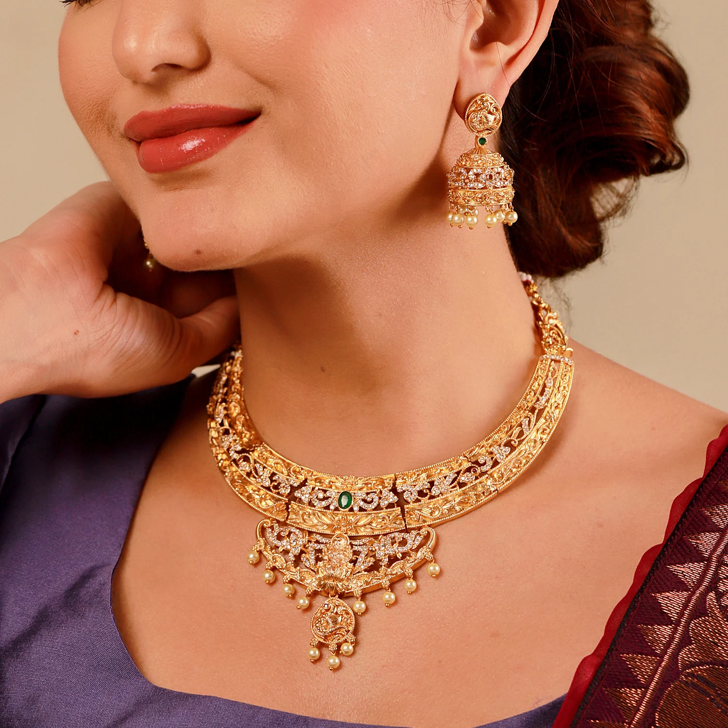 Gold Opulence Kanchana Kalai Temple Necklace Set For Women - Image 2