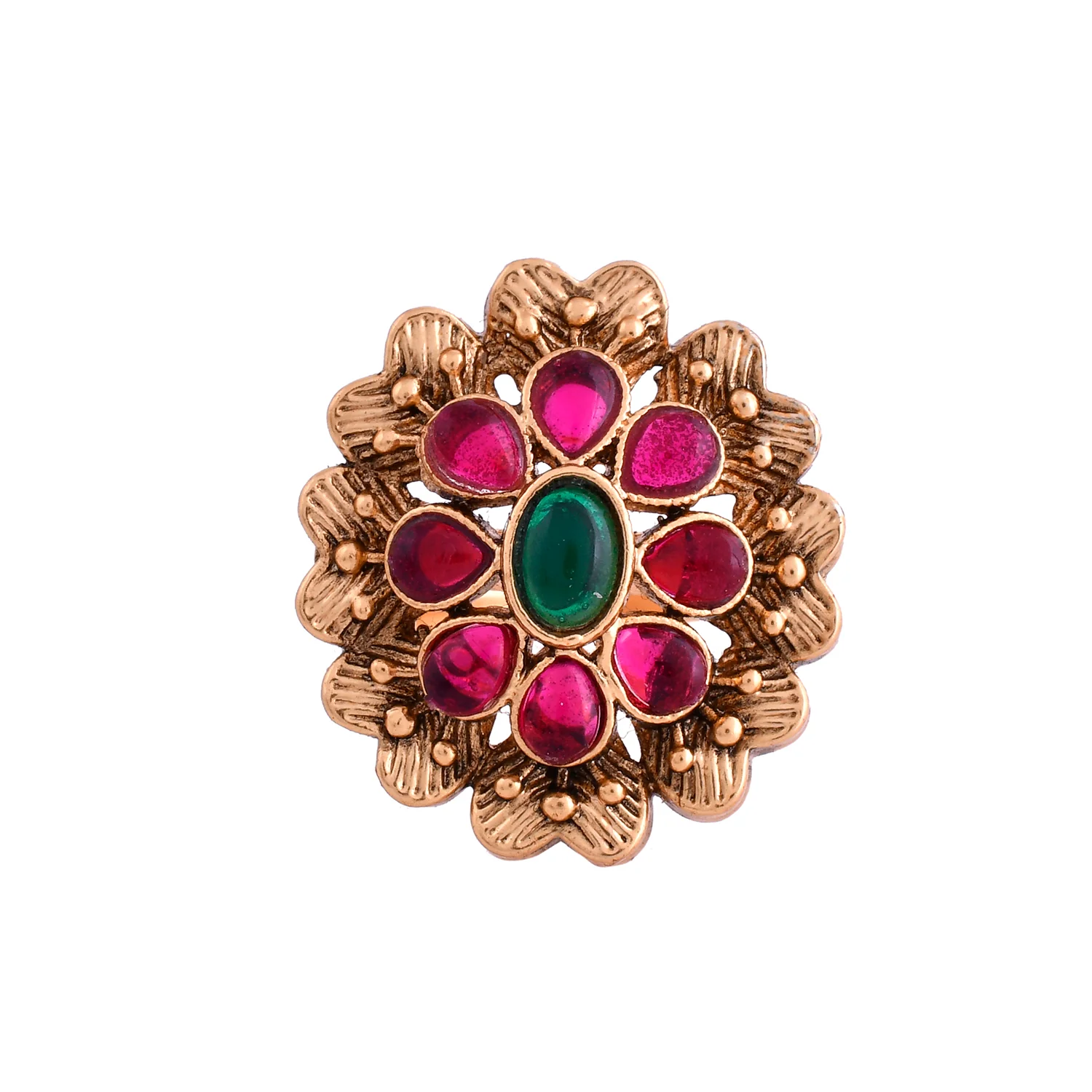 Gold Opulence Kemp Pushpa Temple Ring - Image 3