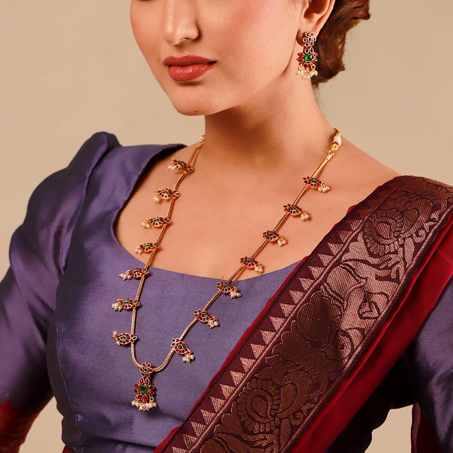 Gold Opulence Kurinji Kodi Temple Necklace Set For Women - Image 2
