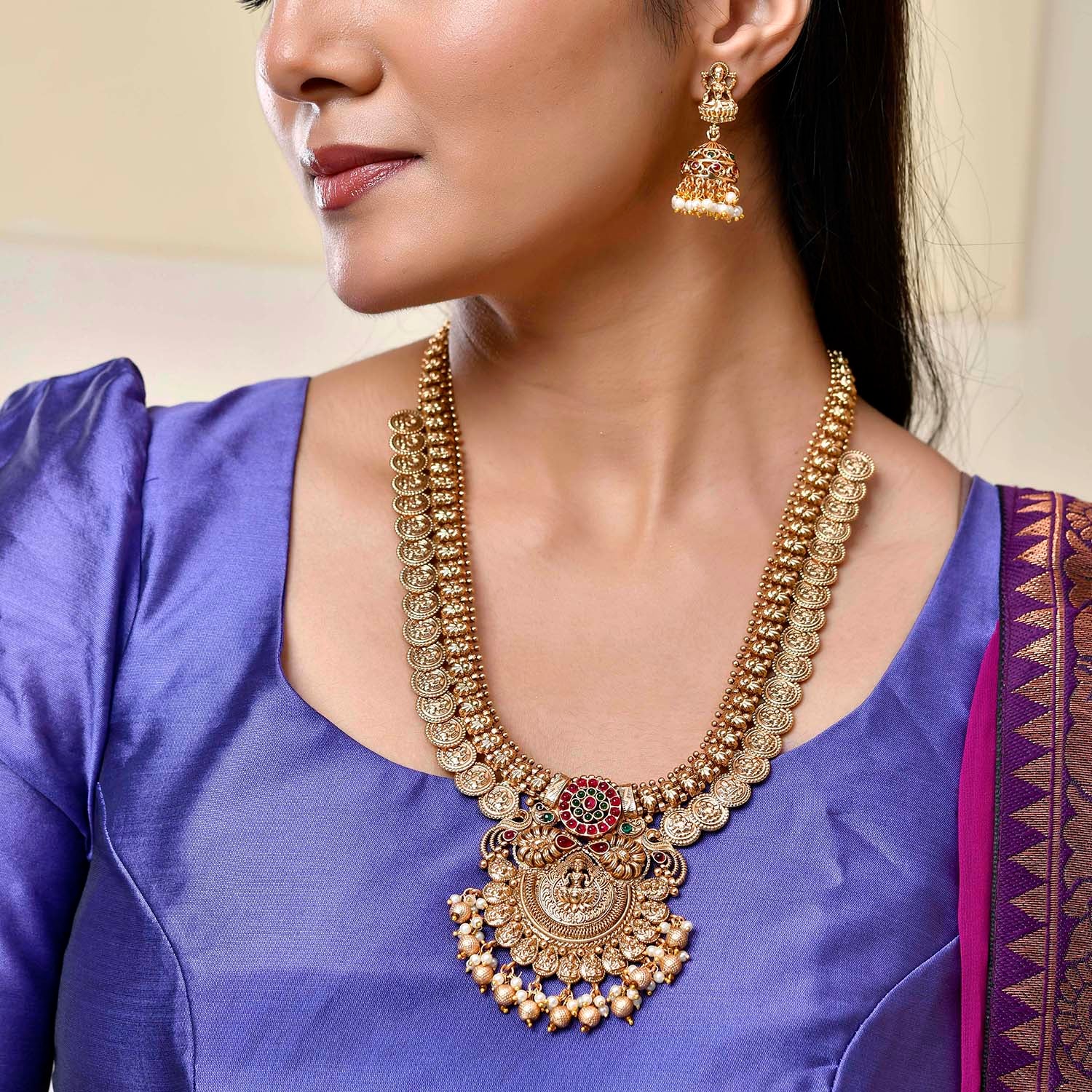 Gold Opulence Lakshmi Haaram Temple Necklace Set - Image 3