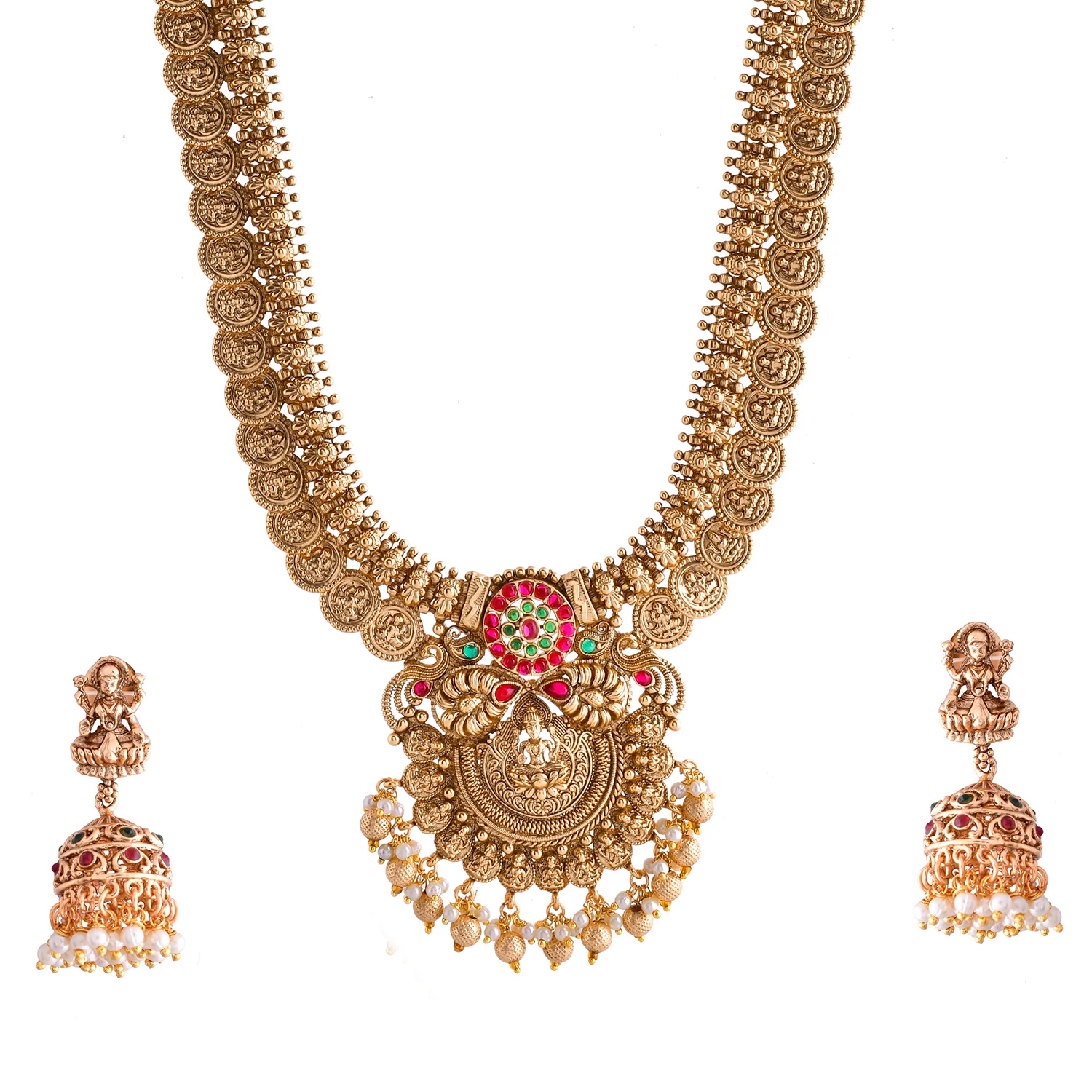 Gold Opulence Lakshmi Haaram Temple Necklace Set - Image 4
