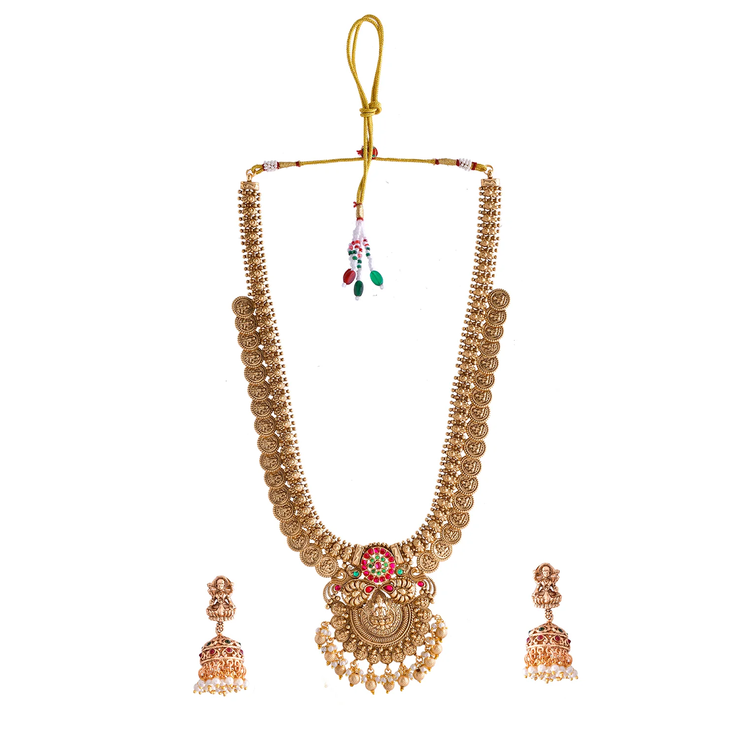 Gold Opulence Lakshmi Haaram Temple Necklace Set - Image 5