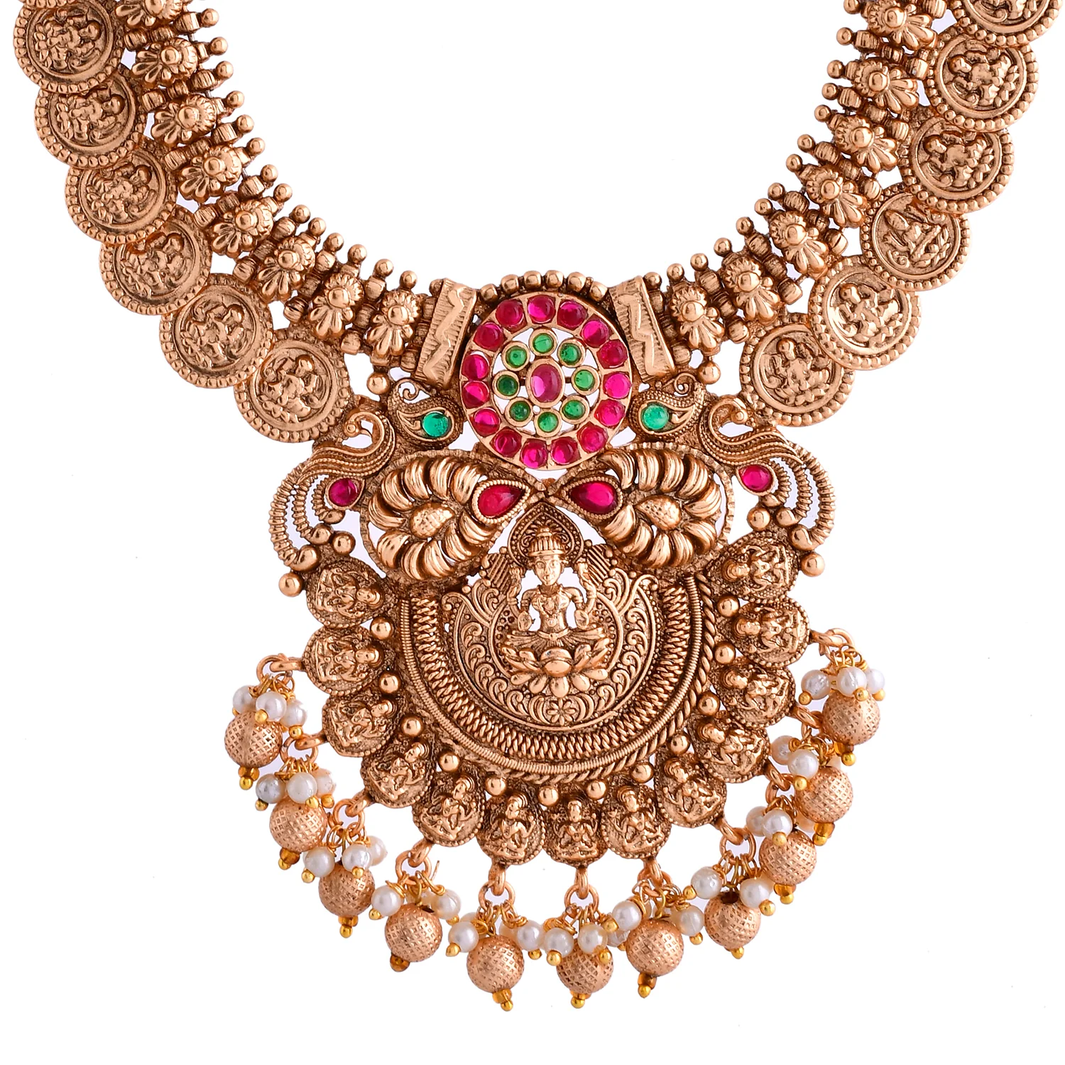 Gold Opulence Lakshmi Haaram Temple Necklace Set - Image 6