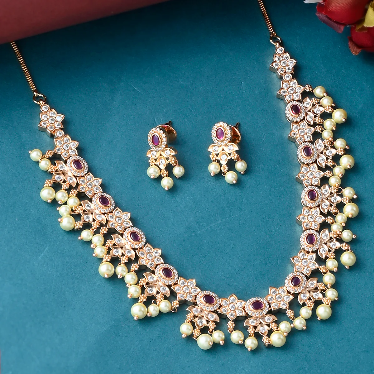 Gold Opulence Meenakari Faux Pearls and CZ Adorned Gold Plated Jewellery Set