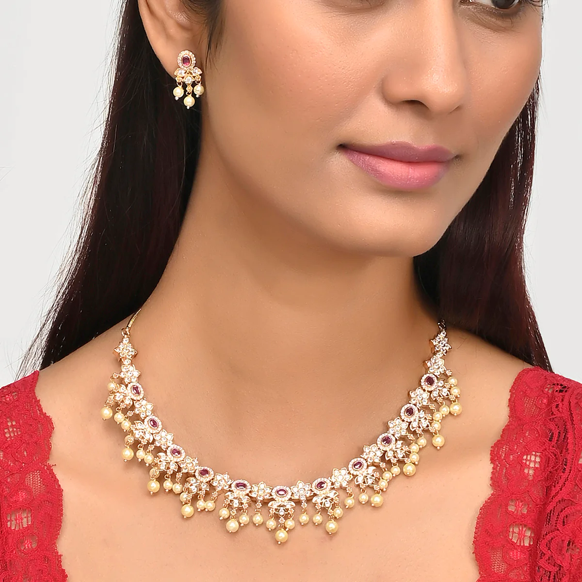 Gold Opulence Meenakari Faux Pearls and CZ Adorned Gold Plated Jewellery Set - Image 2