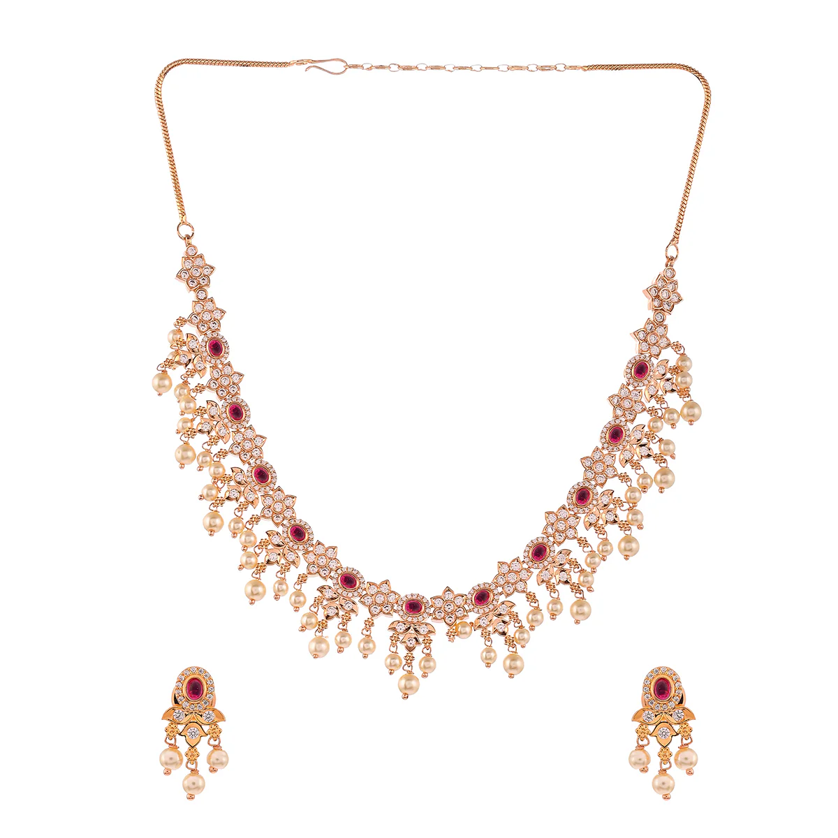 Gold Opulence Meenakari Faux Pearls and CZ Adorned Gold Plated Jewellery Set - Image 3