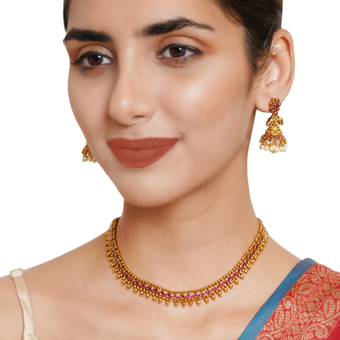 Gold Opulence Minimalistic Faux Pearls Adorned Gold Plated Jewellery Set - Image 2
