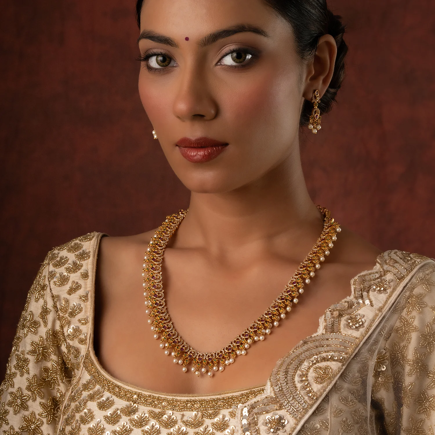 Gold Opulence Royal Rajwadi Ruby Pearl Necklace Set - Image 3