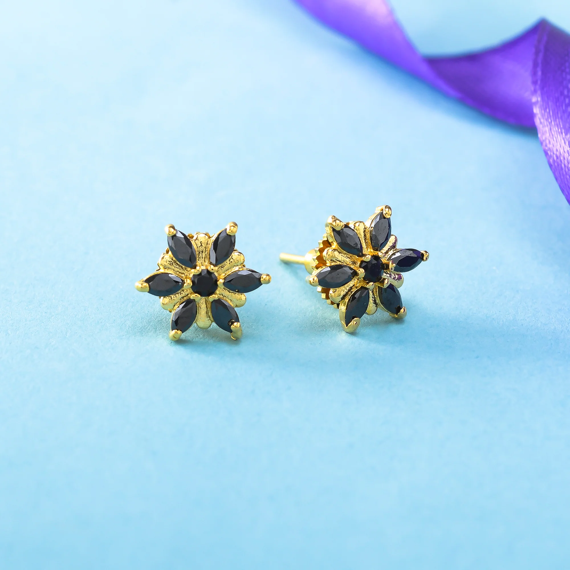 Gold Plated Black Marquise Cut CZ Stud Earrings